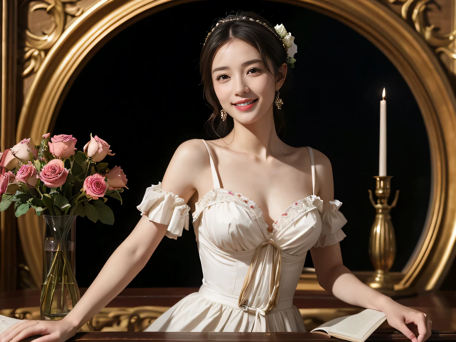 Jacques-Louis David painting style,Arguments of two female Philosophe,math、astronomical machine、astronaut、roses in vase、fruits、Cute trinkets、smile、ancient greek costume、Background is a forest lake at night 、Clothes that stretch your shoulders、A big smile、beautiful bare skin、A detailed representation of the seducing woman throughout her body.