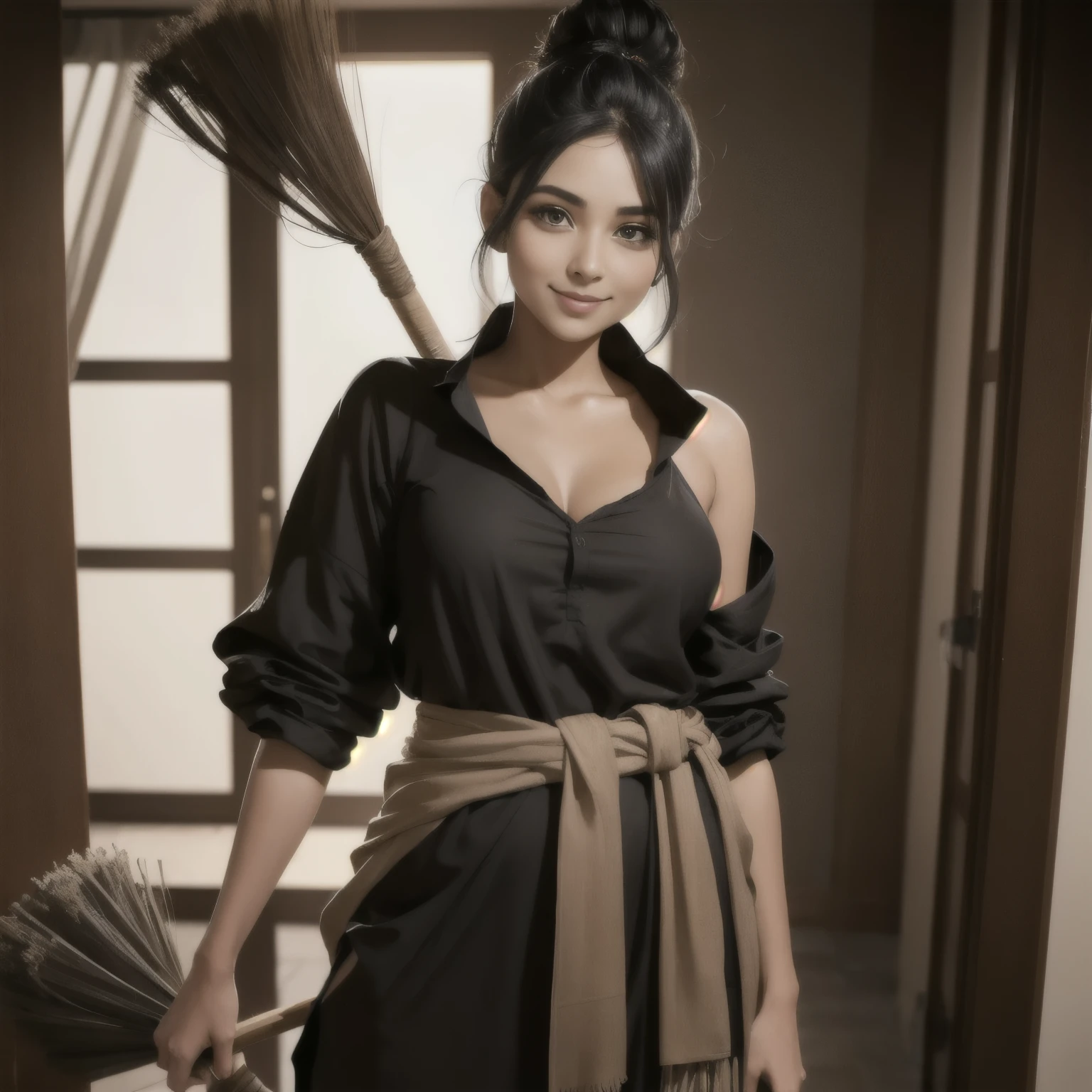 Sexy woman, black hair, messy bun, brown kurta pyjama, black shawl tied around waist, holding a broom over her shoulder, mischievous smile
