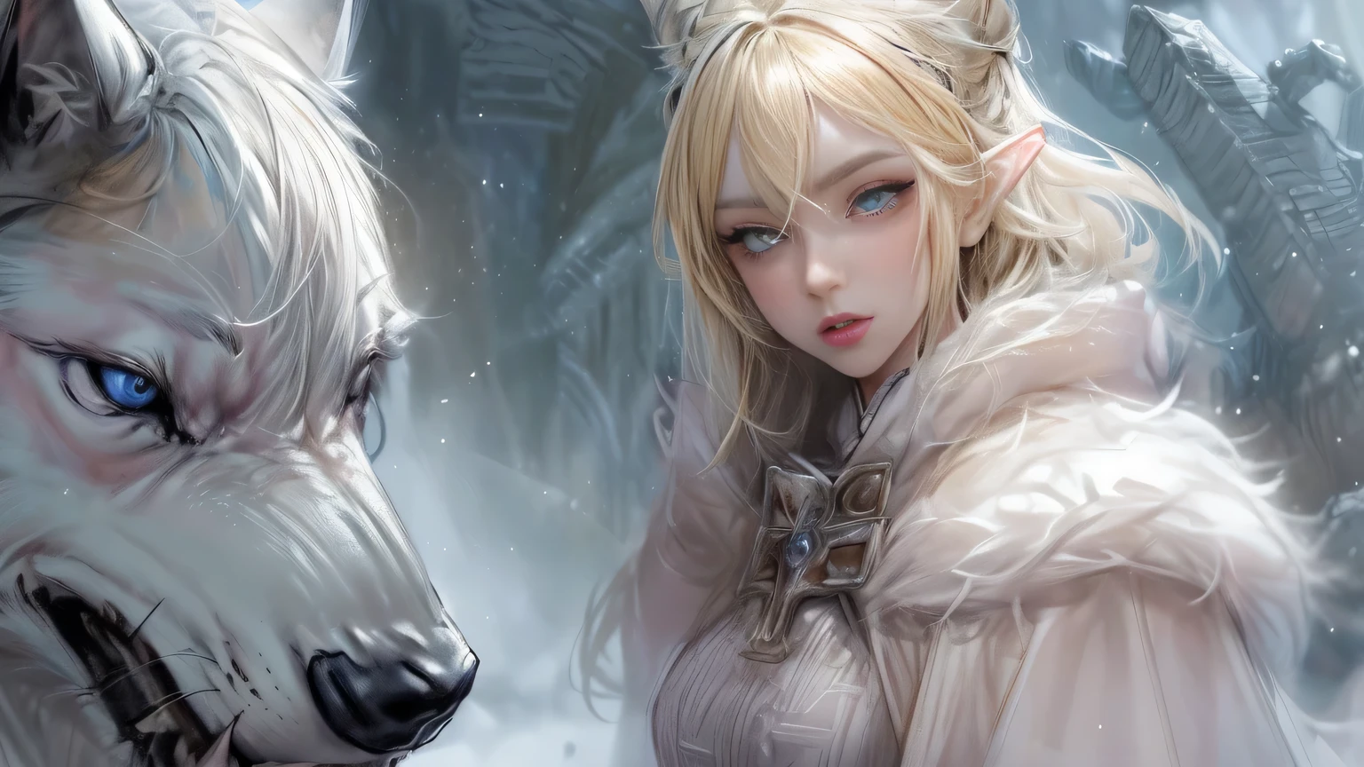 ((enlargement)), ((masterpiece, best quality)), (fractal art:1.3), viking elf girl, big 가슴, fancy, Standing with ancient A wolf, concept yoji shinkawa, concept art, painting, Frank Prazzetta(Frank Prazzetta)(Frank Prazzetta(Frank Prazzetta))(Frank Prazzetta(Frank Prazzetta)(Frank Prazzetta(Frank Prazzetta))), break, (elf:1.2), 1 woman, alone, (blonde hair:1.15), blunt bangs, (hair between eyes), blue eyes, rage, woe, tear, (Beautiful and detailed face:1.2),Art style by Artgerm, Vadim Kashin(Vadim Kashin), author: Kawashi, break, (1 animal), ((A wolf)), fluffy, big, White fur, break, ((ancient viking clothes)),fluffy cloak, big breast, Long black gloveless pantyhose with white boots...., break, Eyelashes, eye shadow, pink eye shadow, break, very detailed, dynamic angle, dynamic shot, The most beautiful form of chaos, elegant, brutal design, The background is a ruined castle wall covered with snow in winter.,