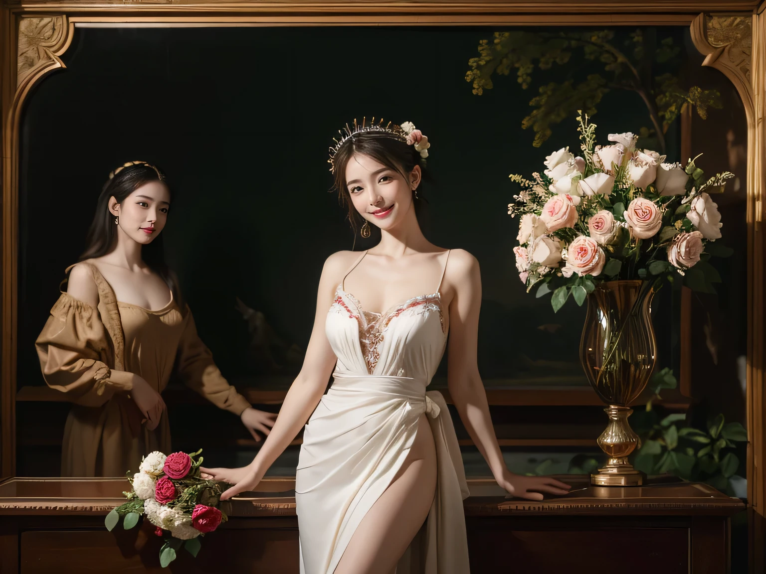 Jacques-Louis David painting style,Arguments of two female Philosophe,math、astronomical machine、astronaut、roses in vase、fruits、Cute trinkets、smile、ancient greek costume、Background is a forest lake at night 、Clothes that stretch your shoulders、A big smile、beautiful bare skin、A detailed representation of the seducing woman throughout her body.