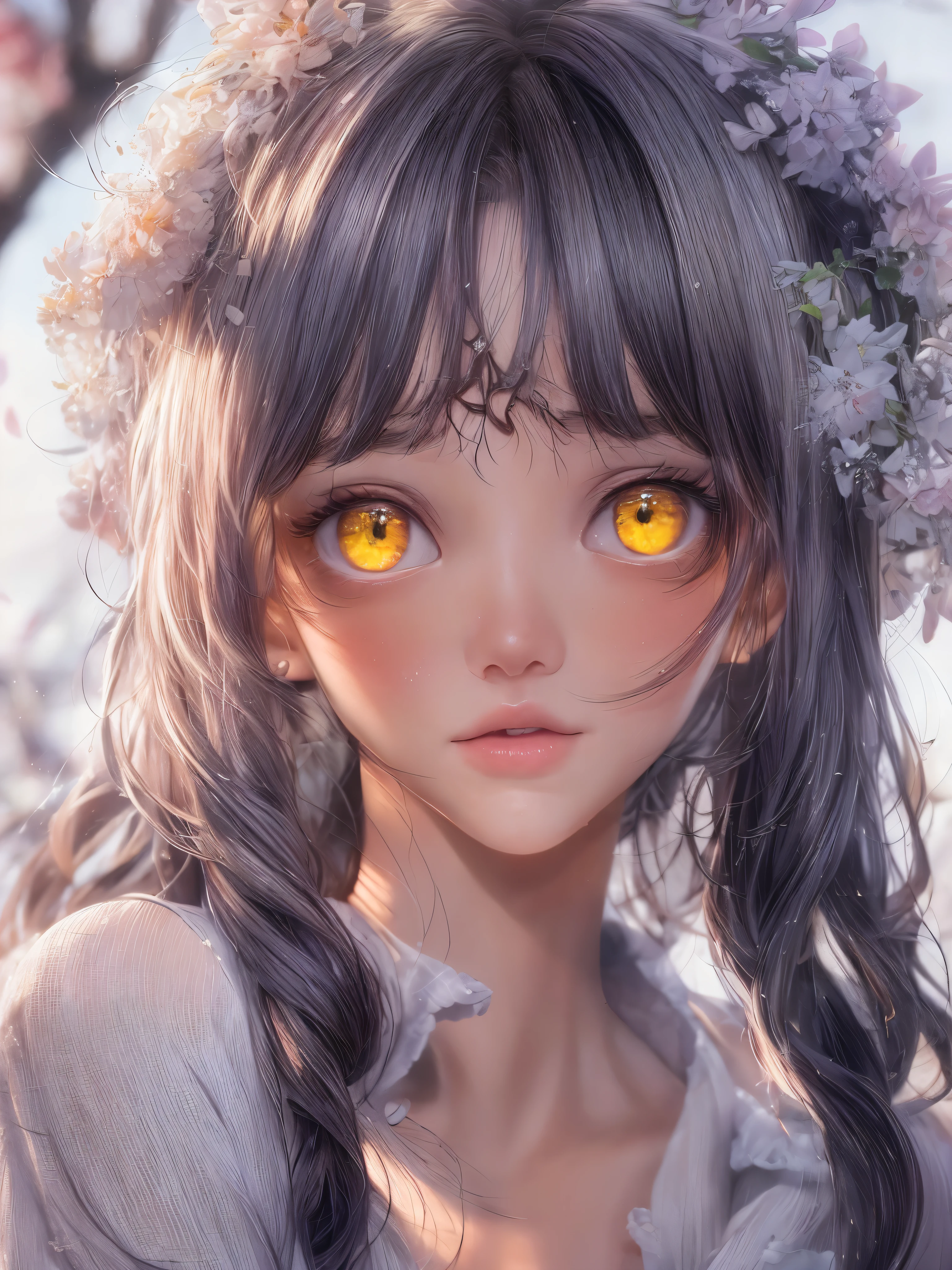 Masterpiece, 1 beautiful girl, Detailed eye, Swollen eyes, top quality, 超A A high resolution, (reality: 1.4), cinema lighting, very, very beautiful, Beautiful skins, Thin, frame, Forward-facing, (Hyperrealistic), (A high resolution), (8K), (very detailed), ( best illustration), (beautifully detailed eyes), (ultra detailed), detailed face, bright lighting, professional lighting、the most beautiful and sexy girl, purple hair, Yellow eyes, bright yellow eyes, Dark African skin, wears an incredibly detailed suit or top, average grul, Cleavage show, have tattoos and piercings, around , cherry blossoms fluttering in the wind, around острава и горы, cinematic, невероятно совершенный Masterpiece, high quality, A high resolution