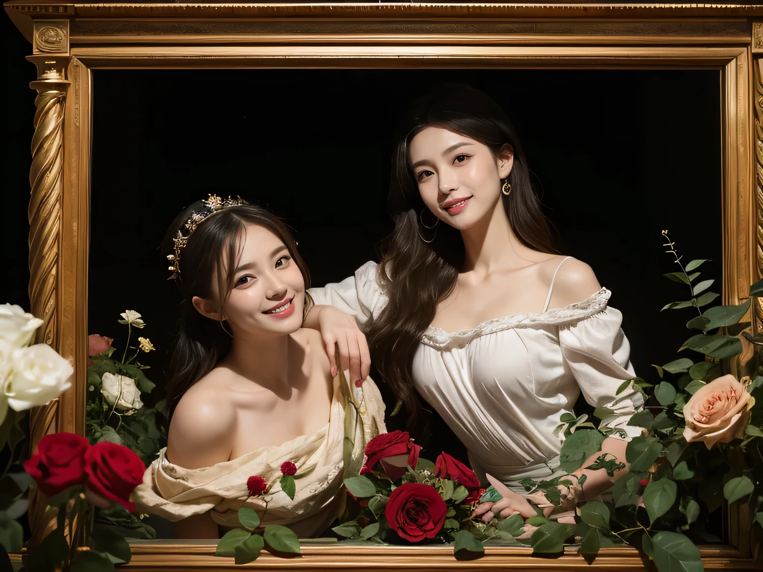 jack＝Louis David&#39;s painting style、Discussion between two female philosopherath、astronomical machine、astronaut、roses in vase、fruit、Cute trinkets、smile、ancient greek costume、The background is a forest lake at night、Clothes that stretch your shoulders、AA big smile、beautiful bare skin、Detailed representation of a fascinating woman with her whole body。