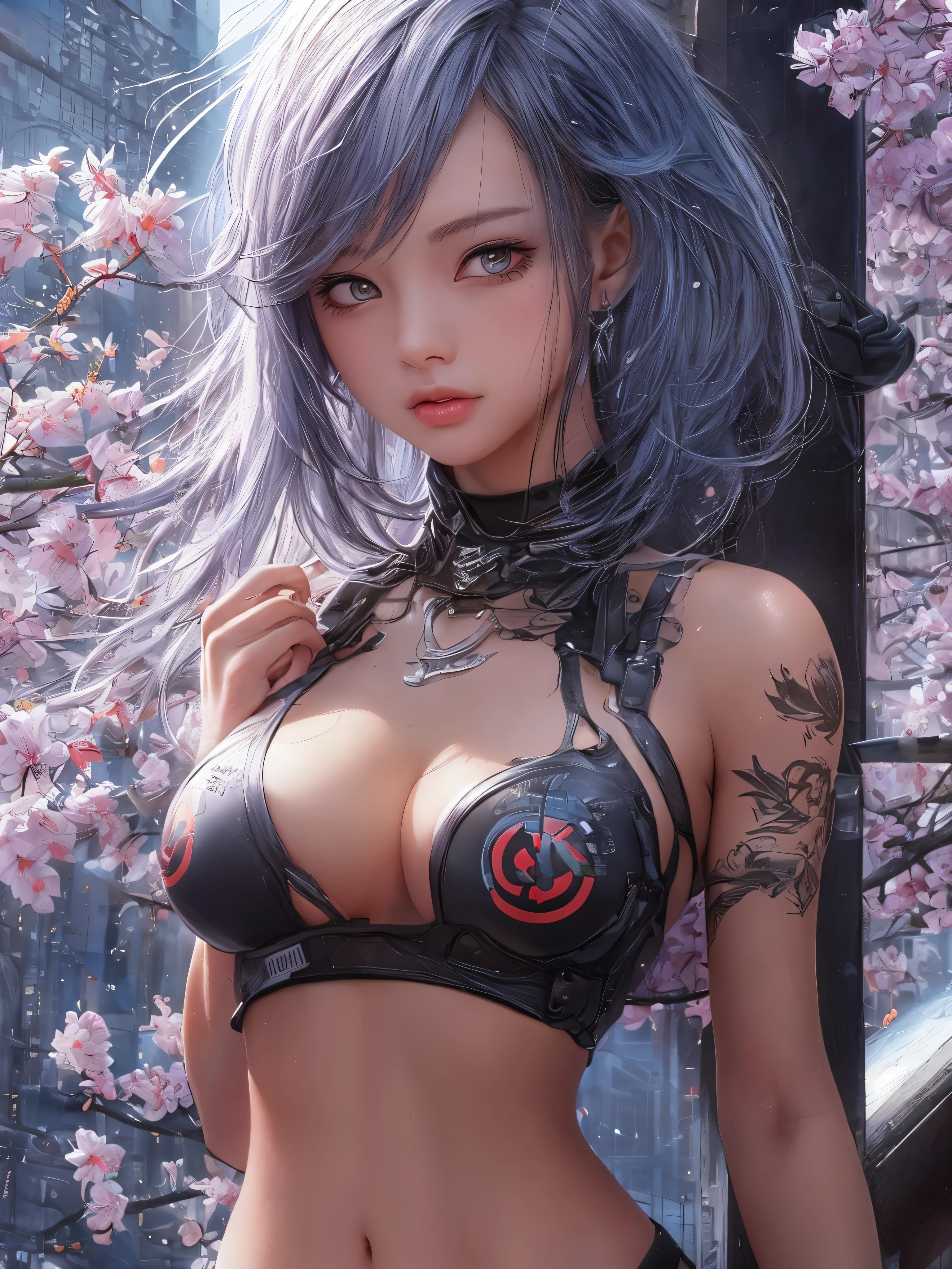 Masterpiece, 1 beautiful girl, Detailed eye, Swollen eyes, top quality, 超A A high resolution, (reality: 1.4), cinema lighting, very, very beautiful, Beautiful skins, Thin, frame, Forward-facing, (Hyperrealistic), (A high resolution), (8K), (very detailed), ( best illustration), (beautifully detailed eyes), (ultra detailed), detailed face, bright lighting, professional lighting、The most beautiful and sexy cyberpunk girl, purple hair, Yellow eyes, Dark African skin, wears incredibly detailed combat armor in a futuristic cyberpunk style.., Huge, Huge, giant tits, Cleavage show, tons of tattoos and piercings, in a hyperfuturistic metropolis, cherry blossoms fluttering in the wind, cinematic, невероятно совершенный Masterpiece, high quality, A high resolution