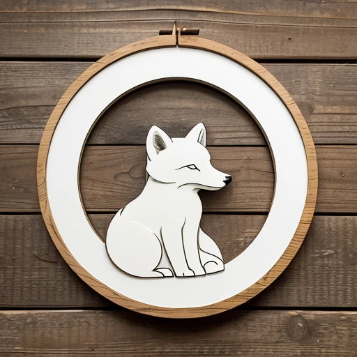 Company logo of arctic fox, round version of white tribal arctic fox, logo hangs on wooden wall