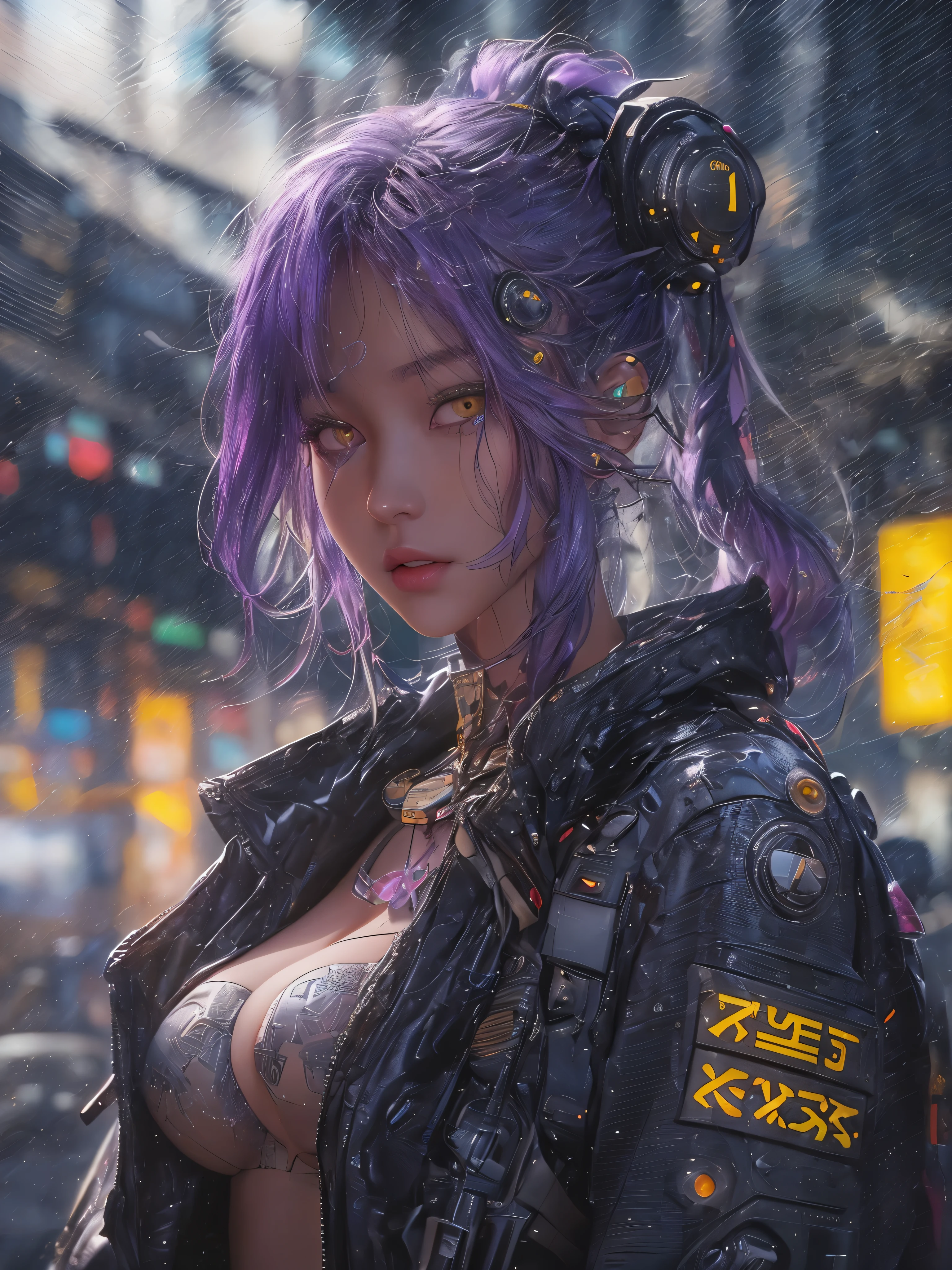 Masterpiece, 1 beautiful girl, Detailed eye, Swollen eyes, top quality, 超A A high resolution, (reality: 1.4), cinema lighting, very, very beautiful, Beautiful skins, Thin, frame, Forward-facing, (Hyperrealistic), (A high resolution), (8K), (very detailed), ( best illustration), (beautifully detailed eyes), (ultra detailed), detailed face, bright lighting, professional lighting、The most beautiful and sexy cyberpunk girl, purple hair, Yellow eyes, Dark African skin, wears incredibly detailed combat armor in a futuristic cyberpunk style.., Huge, Huge, giant tits, Cleavage show, tons of tattoos and piercings, in a hyperfuturistic metropolis, cherry blossoms fluttering in the wind, cinematic, невероятно совершенный Masterpiece, high quality, A high resolution
