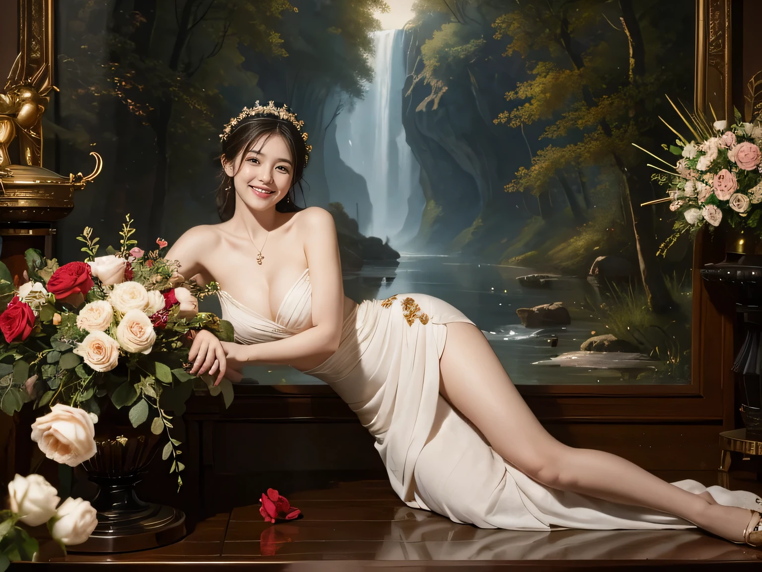 jack=Louis David's painting style、Discussion between two female philosopherath、astronomical machine、astronaut、roses in vase、fruit、Cute trinkets、smile、ancient greek costume、The background is a forest lake at night、Clothes that stretch your shoulders、AA big smile、beautiful bare skin、Detailed representation of a fascinating woman with her whole body。