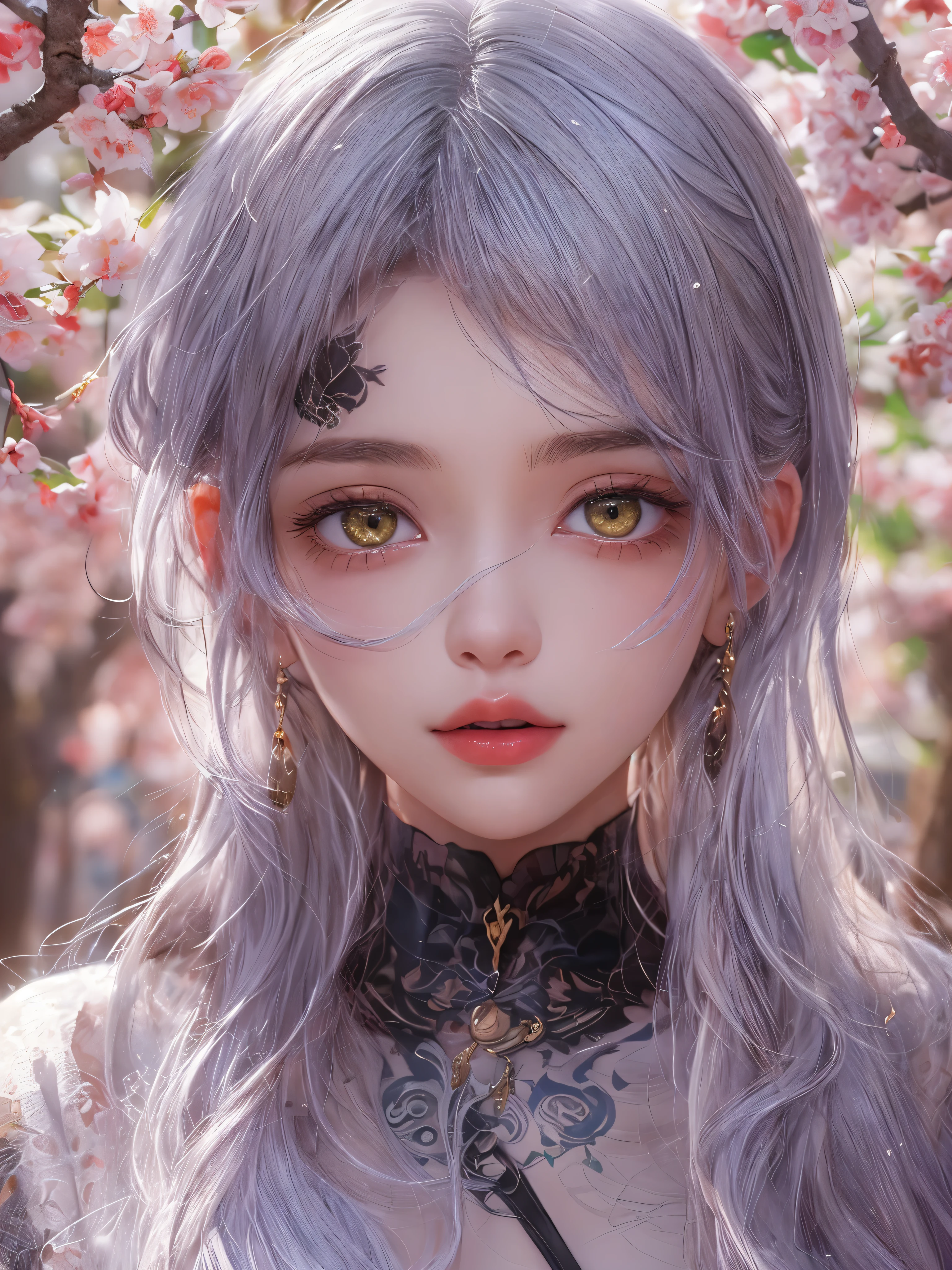 Masterpiece, 1 beautiful girl, Detailed eye, Swollen eyes, top quality, 超A A high resolution, (reality: 1.4), cinema lighting, very, very beautiful, Beautiful skins, Thin, frame, Forward-facing, (Hyperrealistic), (A high resolution), (8K), (very detailed), ( best illustration), (beautifully detailed eyes), (ultra detailed), detailed face, bright lighting, professional lighting、the most beautiful and sexy girl, purple hair, Yellow eyes, bright yellow eyes, Dark African skin, wears an incredibly detailed suit or top, average grul, Cleavage show, have tattoos and piercings, around , cherry blossoms fluttering in the wind, around острава и горы, cinematic, невероятно совершенный Masterpiece, high quality, A high resolution

