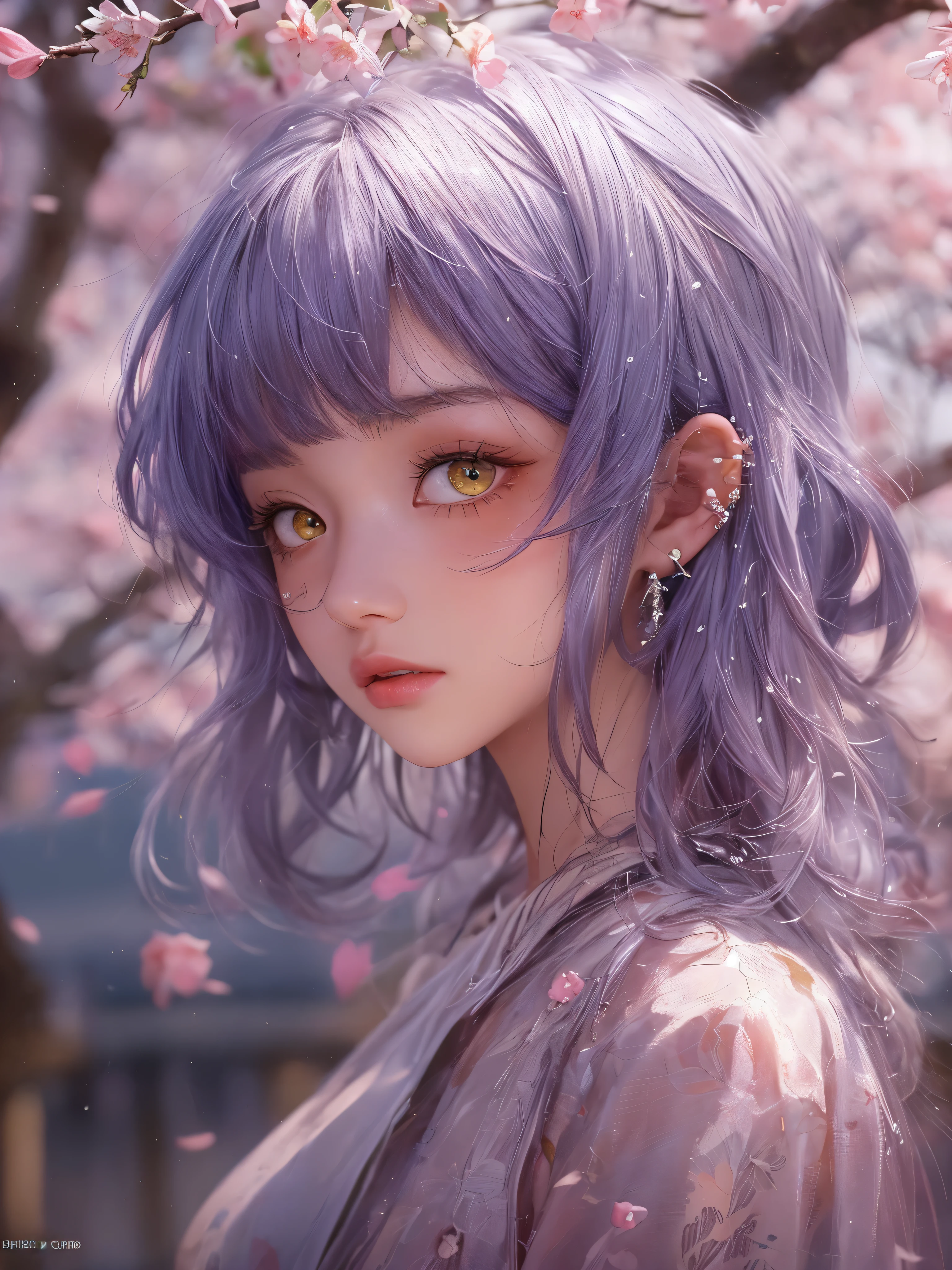 Masterpiece, 1 beautiful girl, Detailed eye, Swollen eyes, top quality, 超A A high resolution, (reality: 1.4), cinema lighting, very, very beautiful, Beautiful skins, Thin, frame, Forward-facing, (Hyperrealistic), (A high resolution), (8K), (very detailed), ( best illustration), (beautifully detailed eyes), (ultra detailed), detailed face, bright lighting, professional lighting、the most beautiful and sexy girl, purple hair, Yellow eyes, bright yellow eyes, Dark African skin, wears an incredibly detailed suit or top, average grul, Cleavage show, have tattoos and piercings, around , cherry blossoms fluttering in the wind, around острава и горы, cinematic, невероятно совершенный Masterpiece, high quality, A high resolution

