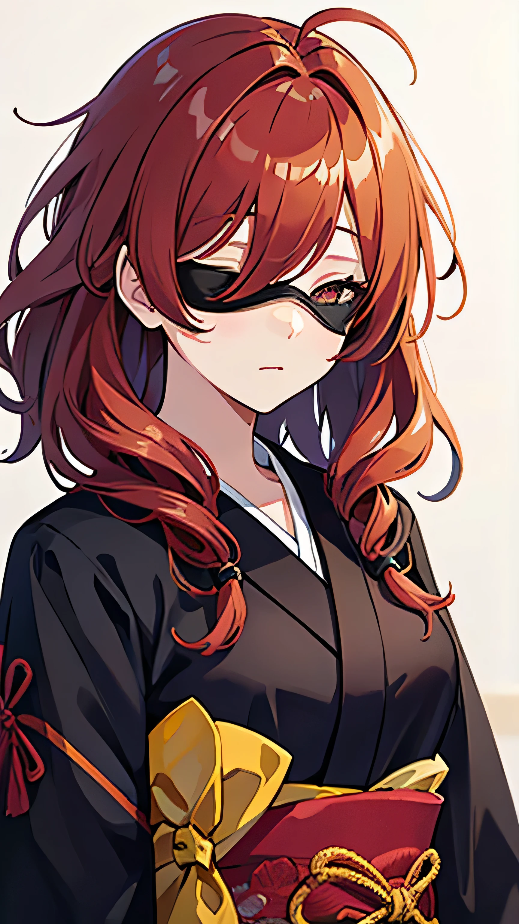 masterpiece, highest quality, alone, (Yoruhano. 2 type b:1.14), (covered eyes:1.05), (portrait:1.1), (Upper body:1.1), medium breasts, No expression, 1 girl, alone, (wavy hair, messy hair:1.1), redhead, highest quality, Super detailed, 1 female, alone, Are standing, medium hair, Dull bangs do not look at the viewer, blindfold, Eye mask,kimono,20-year-old