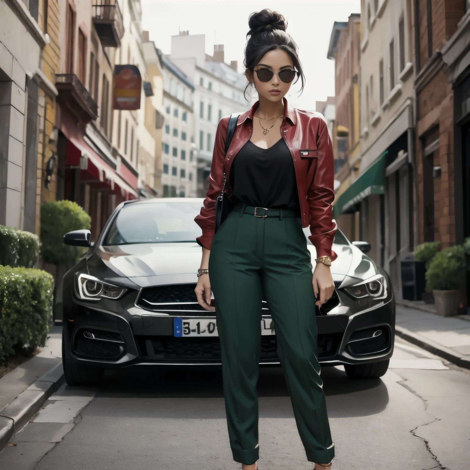 Sexy woman, mature, black curly hair, bun, sexy sunglasses, red baggy shirt tucked into dark green pants, sparkly shoes, stylish, seductive