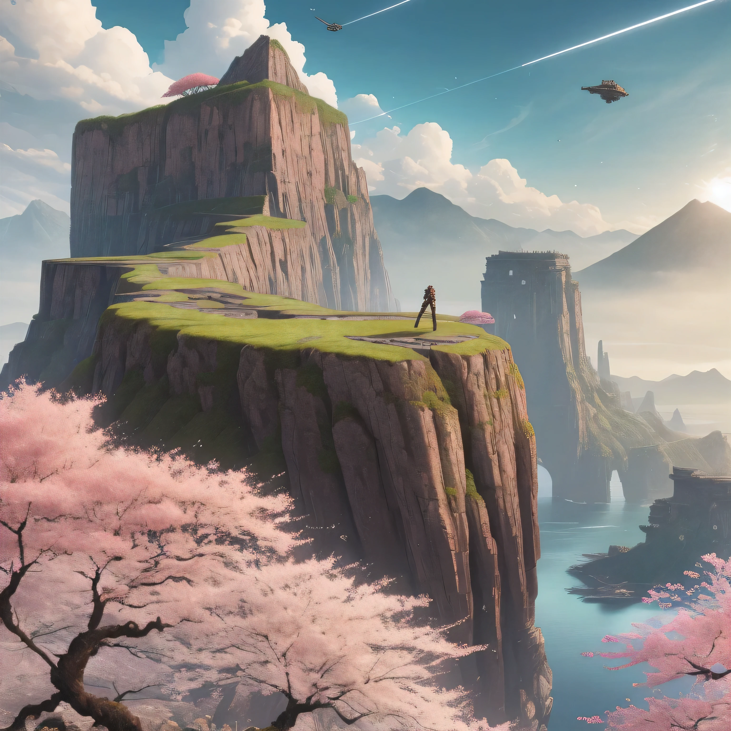 Grass, Rusted metal, cliff, SF, wallpaper, WLOP, Professional, very detailed, perfect lighting; digital illustration, scenic, HDR, 64k,cherry blossoms,masterpiece, 最high quality, high quality, very detailed CG unity 8k wallpaper, scenery, outdoors, null, cloud, Day, there are no humans, Mountain, landscape