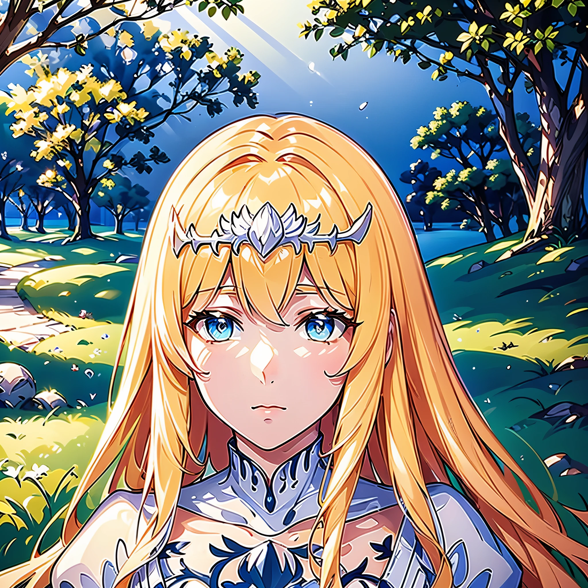 (best quality,4k,8k,highres,masterpiece:1.2),ultra-detailed,(realistic,photorealistic,photo-realistic:1.37),traditional style,earth tone,dreamy lighting,scenic background,,kind eyes,calm expression,traditional clothing,carefully crafted details,serene atmosphere,subtle brush strokes,harmonious color palette,lush greenery,peaceful garden setting,close-up of the face,,tranquil vibe,serene ambiance,delicate patterns,ethereal aura,nature-inspired elements,soft lighting,meticulously painted,serene facial features,artistic charisma,tranquil scenery,serenity of the moment,authentic cultural representation,gentle sunlight filtering through the trees,thoughtful expression,quiet contemplation,serene and calm demeanor,,serene facial features,pensive mood,artistic interpretation,nature's harmony,subtle textures,traditional garment,charming simplicity,tranquil surroundings,spiritual aura, 1girl, star guardian, (cool color theme), 1girl, Calca, blonde hair, extremely long hair, white tiara, tiara on her head, white dress, blue eyes, medium breasts