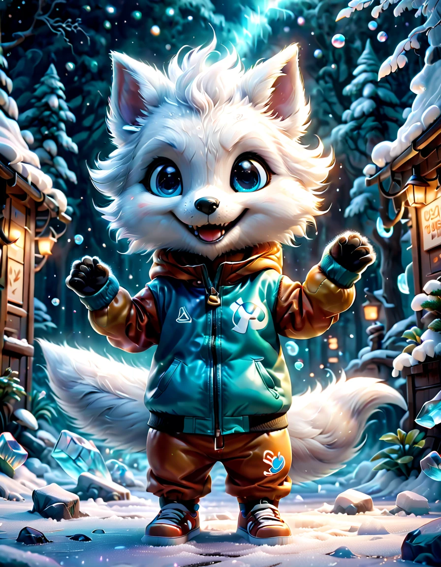 cuteillustration北极狐屋，Snow white arctic fox，hibernation，cute，sleep，Comfortable and warm，looks very happy，illustration，Popularity，Colorful，draw with thick lines，color，dim，light，hibernation的北极狐正在睡觉，have a happy dream，The house is warm and full of happiness，Colorful，gaudy，fantasy，patchwork，Quilt，details details，fluffy，