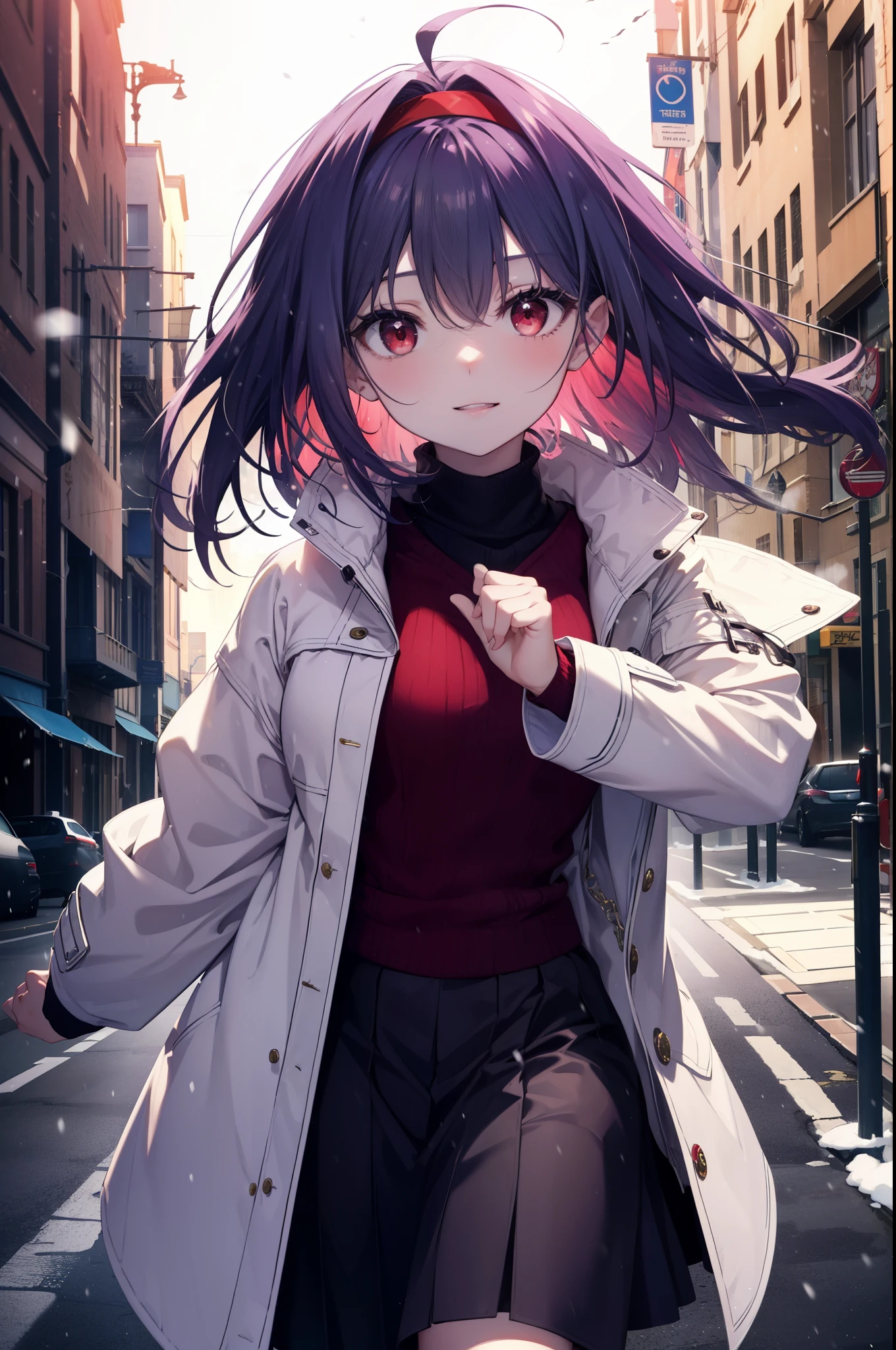 yuukikonno, Yuki Konno, purple hair band, long hair, pointed ears,Ahoge, purple hair, headlock,short braided hair,(red eyes:1.5), (small breasts:1.2),mouth open,shy,blush,smile,red muffler,white long coat,black sweater,Red long skirt,short boots,winter,cold sky,It&#39;s snowing,snow is falling,looking down from above,
break looking at viewer, Upper body, whole body,
break outdoors, In town,building street,
break (masterpiece:1.2), highest quality, High resolution, unity 8k wallpaper, (figure:0.8), (detailed and beautiful eyes:1.6), highly detailed face, perfect lighting, Very detailed CG, (perfect hands, perfect anatomy),