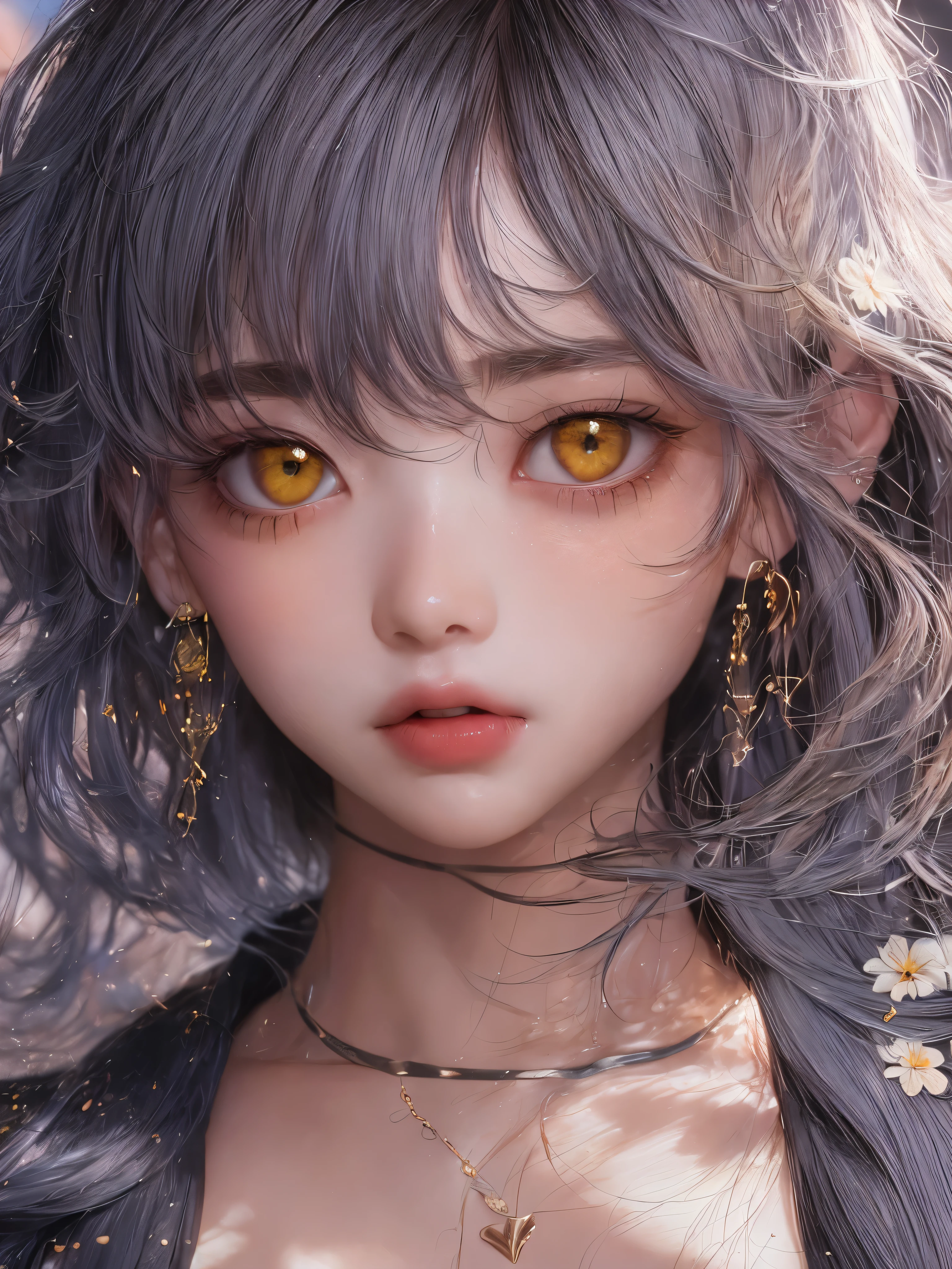 Masterpiece, 1 beautiful girl, Detailed eye, Swollen eyes, top quality, 超A A high resolution, (reality: 1.4), cinema lighting, very, very beautiful, Beautiful skins, Thin, frame, Forward-facing, (Hyperrealistic), (A high resolution), (8K), (very detailed), ( best illustration), (beautifully detailed eyes), (ultra detailed), detailed face, bright lighting, professional lighting、the most beautiful and sexy girl, purple hair, Yellow eyes, bright yellow eyes, Dark African skin, wears an incredibly detailed suit or top, average grul, Cleavage show, have tattoos and piercings, around , cherry blossoms fluttering in the wind, around острава и горы, cinematic, невероятно совершенный Masterpiece, high quality, A high resolution

