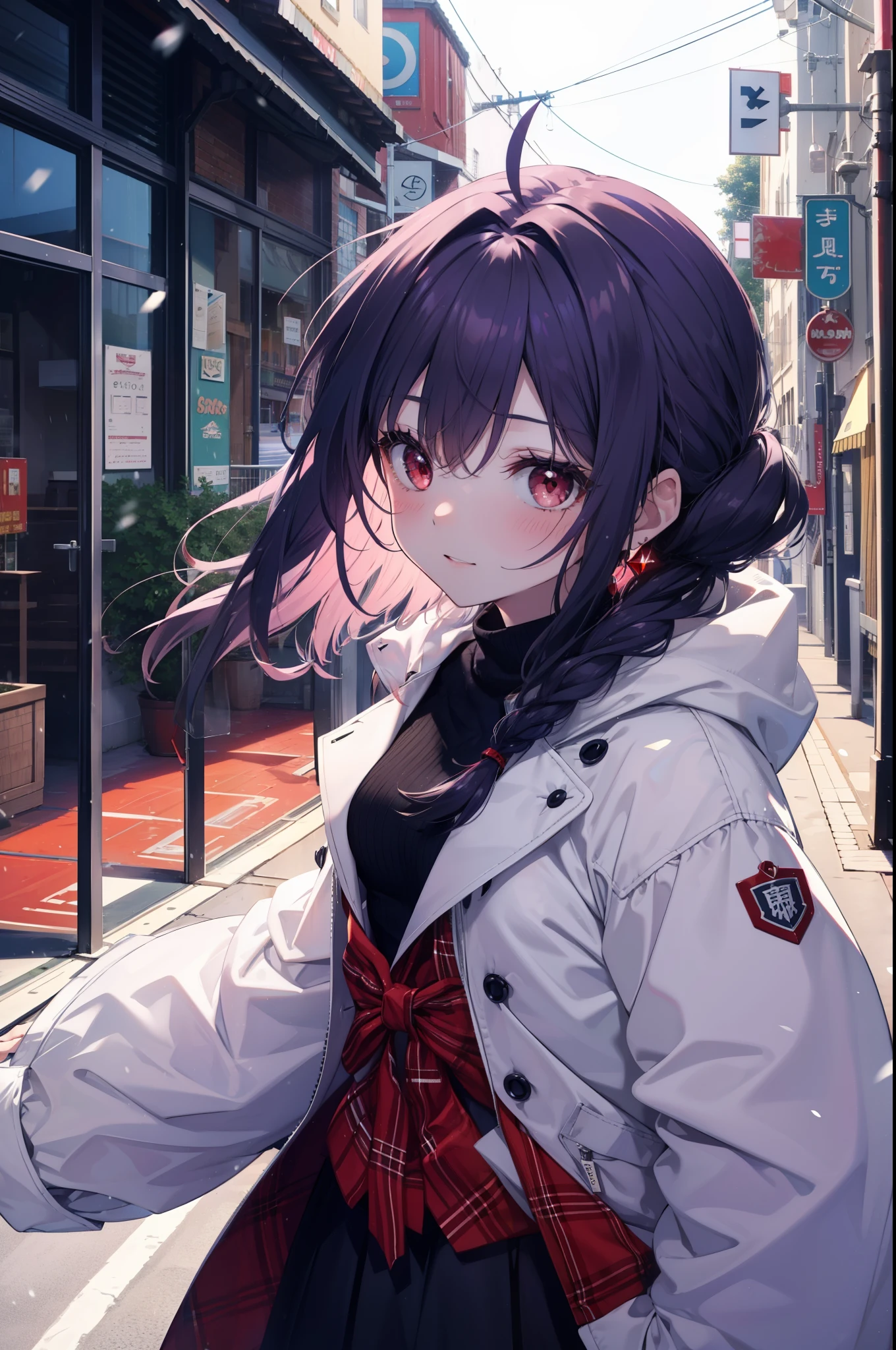 yuukikonno, Yuki Konno, purple hair band, long hair, pointed ears,Ahoge, purple hair, headlock,short braided hair,(red eyes:1.5), (small breasts:1.2),mouth open,shy,blush,smile,red muffler,white long coat,black sweater,Red long skirt,short boots,winter,cold sky,It's snowing,snow is falling,looking down from above,
break looking at viewer, Upper body, whole body,
break outdoors, In town,building street,
break (masterpiece:1.2), highest quality, High resolution, unity 8k wallpaper, (figure:0.8), (detailed and beautiful eyes:1.6), highly detailed face, perfect lighting, Very detailed CG, (perfect hands, perfect anatomy),