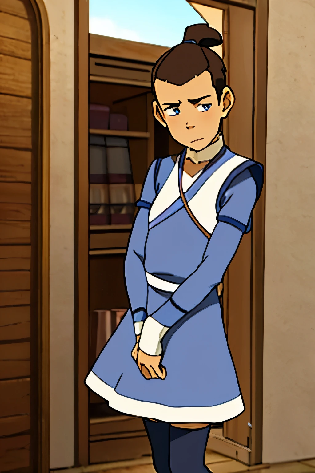 masterpiece, best quality, 1boy, solo, male focus, sokka_avatar, brown hair, blue eyes, shy, blushing, looking away, looking away from camera, embarrassed, interesting angle, hands behind back, nervous, wearing short dress, thigh high stockings, maid dress