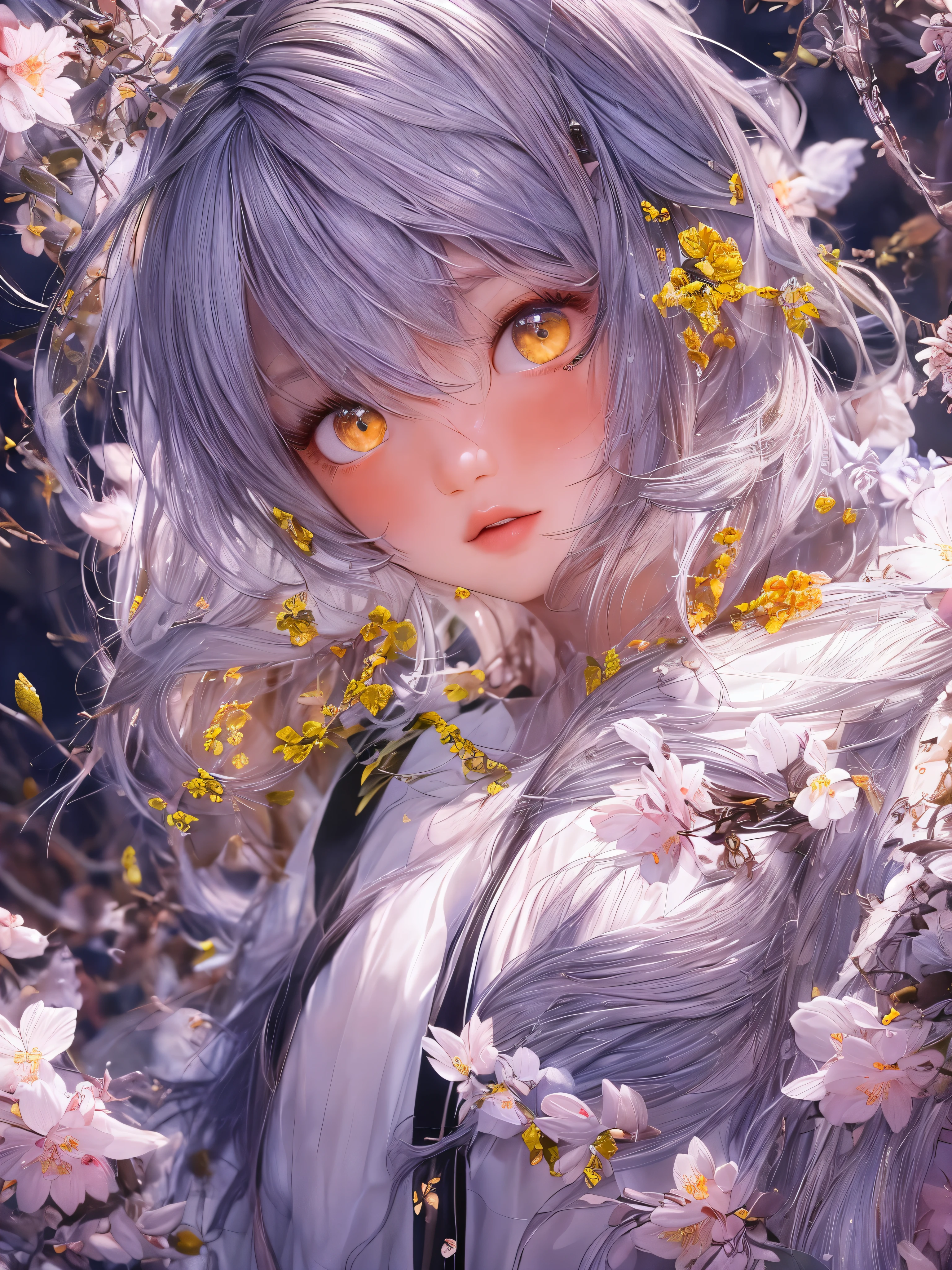 Masterpiece, 1 beautiful girl, Detailed eye, Swollen eyes, top quality, 超A A high resolution, (reality: 1.4), cinema lighting, very, very beautiful, Beautiful skins, Thin, frame, Forward-facing, (Hyperrealistic), (A high resolution), (8K), (very detailed), ( best illustration), (beautifully detailed eyes), (ultra detailed), detailed face, bright lighting, professional lighting、the most beautiful and sexy girl, purple hair, Yellow eyes, bright yellow eyes, Dark African skin, wears an incredibly detailed suit or top, average grul, Cleavage show, have tattoos and piercings, around , cherry blossoms fluttering in the wind, around острава и горы, cinematic, невероятно совершенный Masterpiece, high quality, A high resolution
