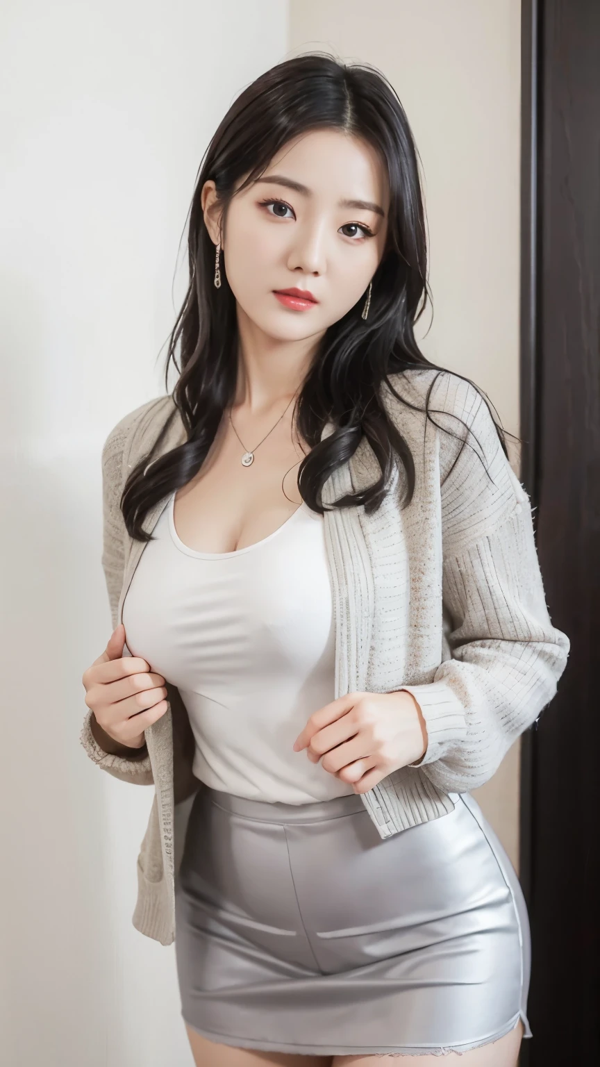 Wearing a transparent lace white top and gray skirt、Asian woman in pantyhose, Beautiful and dignified woman, 30 years old,gorgeous young korean woman, huge breasts丰满,big breasts,huge breasts,G cup,slim waist,Nine-headed figure,Sleek white skintight suit, Vacuum inside,Pinky breast,Wear tight, simple clothes, cardigan, gorgeous lady, gray shirt, Casual wear裝, loose slit jacket, korean woman, cardigan, gray clothes, Yoshitomo Nara, light grey, Casual wear