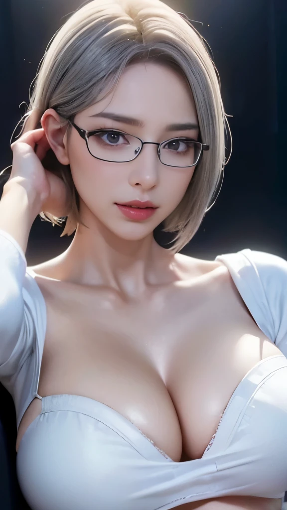 sweet expression, Lying, white glasses, short gray hair, (8k, RAW photo, realistic:1.25) ,( lip gloss, eyelash, shiny face, shiny skin, highest quality, ultra high resolution , Depth of the bounds written, chromatic aberration, caustics, wide light, natural shadow, K-POPアイドル) Gazing at the viewer with a calm and goddess-like blissful expression, whole body, big breasts, white underwear, black stockings, white shirt, secretary、smile、(full shot:1.8)