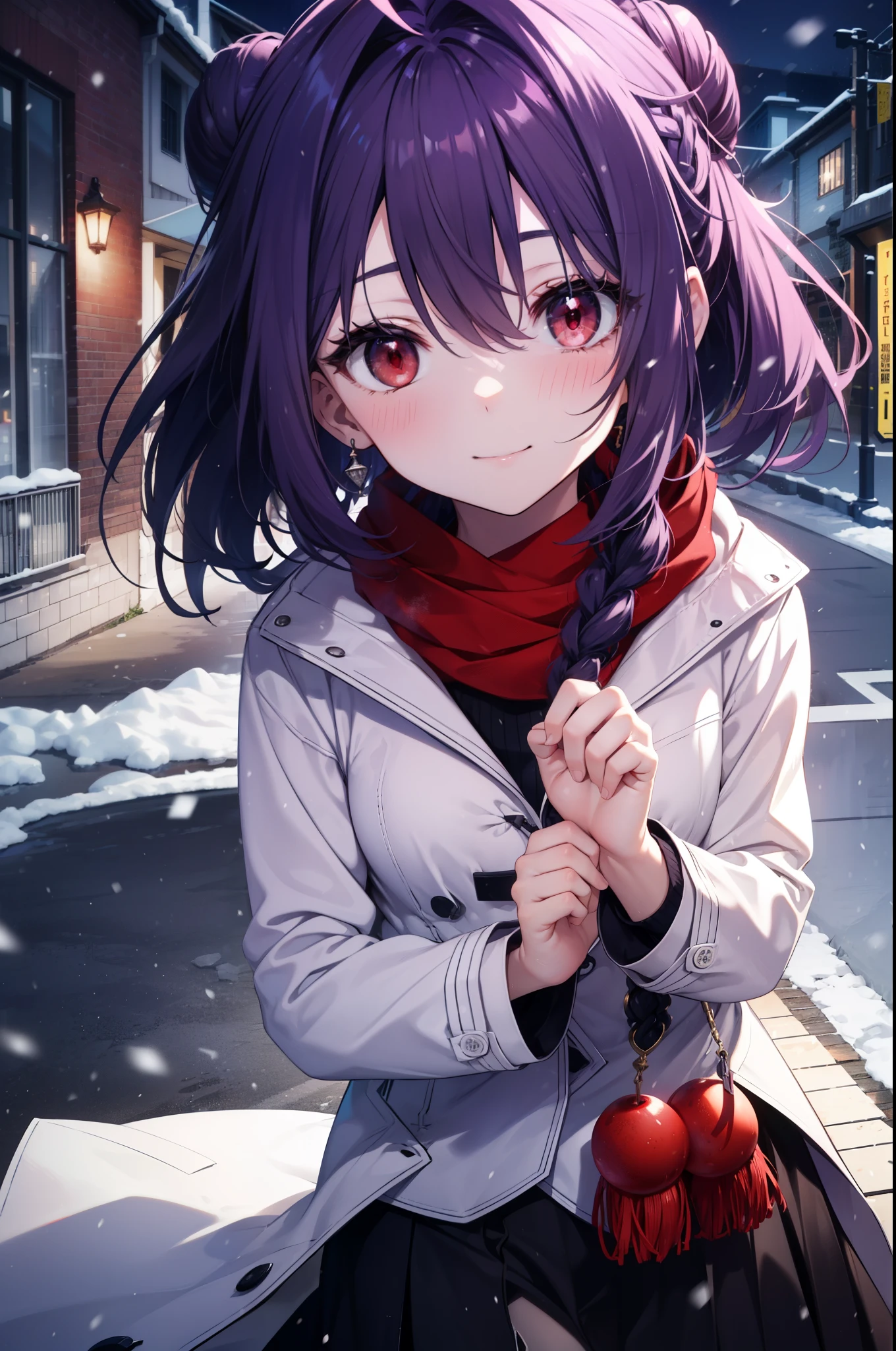 yuukikonno, Yuki Konno, purple hair band, long hair, pointed ears,Ahoge, purple hair, headlock,bun hair,short braided hair,(red eyes:1.5), (small breasts:1.2),mouth open,shy,blush,smile,red muffler,white long coat,black sweater,Red long skirt,short boots,winter,cold sky,It's snowing,snow is falling,looking down from above,
break looking at viewer, Upper body, whole body,
break outdoors, In town,building street,
break (masterpiece:1.2), highest quality, High resolution, unity 8k wallpaper, (figure:0.8), (detailed and beautiful eyes:1.6), highly detailed face, perfect lighting, Very detailed CG, (perfect hands, perfect anatomy),