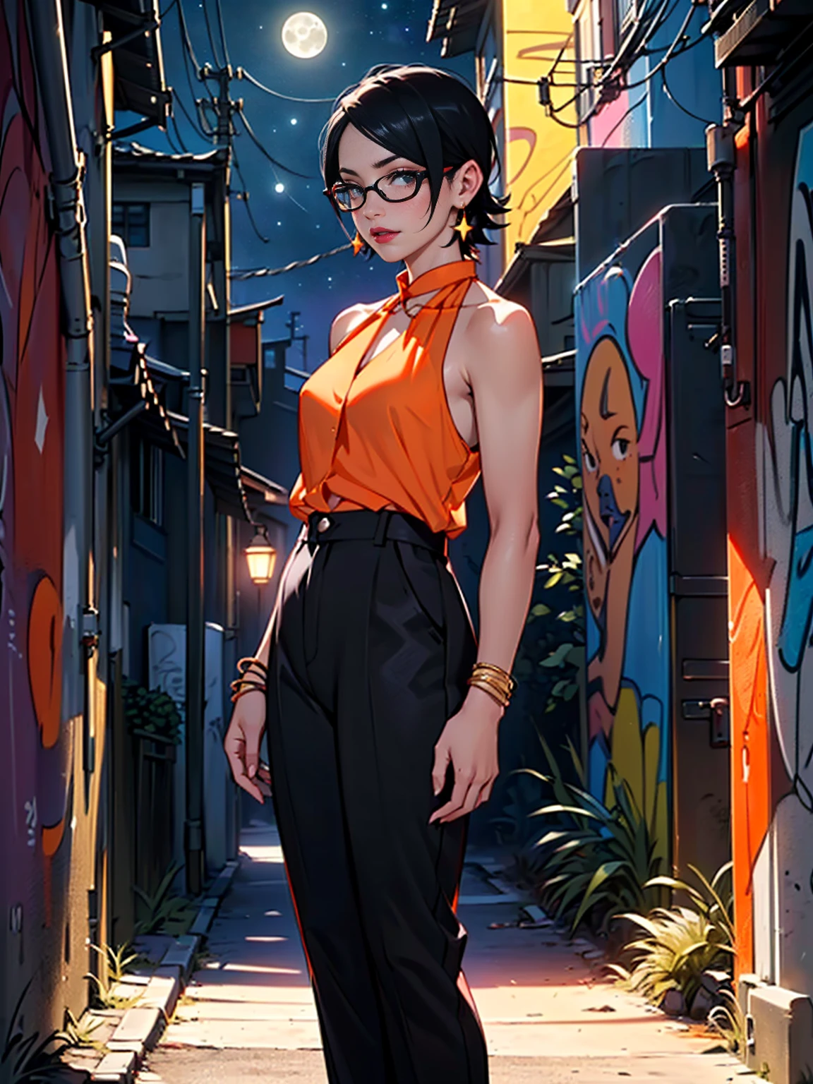 ((Sarada Uchiha, short hair, black eyes, glasses, uchiha sarada)), ((solo, 1woman, pink lipstick, Extremely detailed, ambient soft lighting, 4k, perfect eyes, a perfect face, perfect lighting, a 1girl)) austere,((strapless blouse, (orange blouse), malicious, jade earrings, gold jewelry, orange bouse, black pantalona tailoring pants, (orange satin halter blouse), (sleeveless blouse))), night sky, clouds, , lots of , (graffiti alley, graffiti walls, in an alley, (night, moonlight, starry night, Milky Way, lighting))