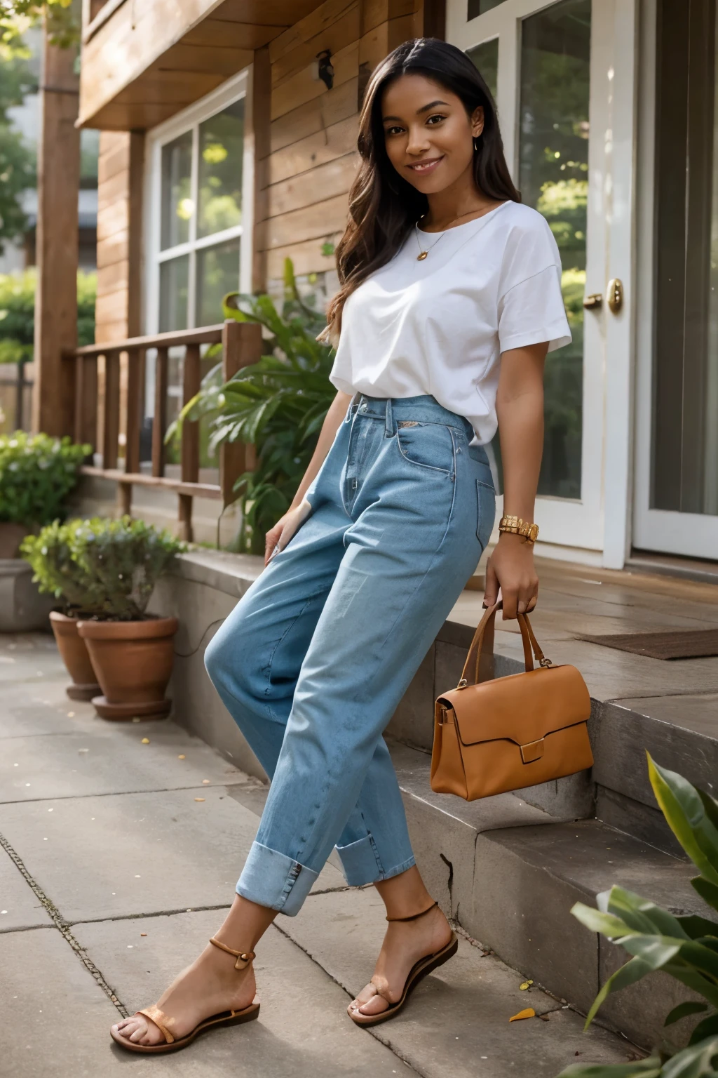 Create a vibrant scene featuring a stylish black woman standing on a porch. She's wearing elegant brown sandals, showcasing perfectly manicured feet. She's smartly dressed in a white t-shirt with "KEDE" written on it, tucked into stylish blue mom jeans. She's standing with a radiant smile, holding a glass of refreshing orange juice. The surroundings are bright, with lush green grass and colorful flowers. The sandals are flat and open, adding to her chic demeanor.