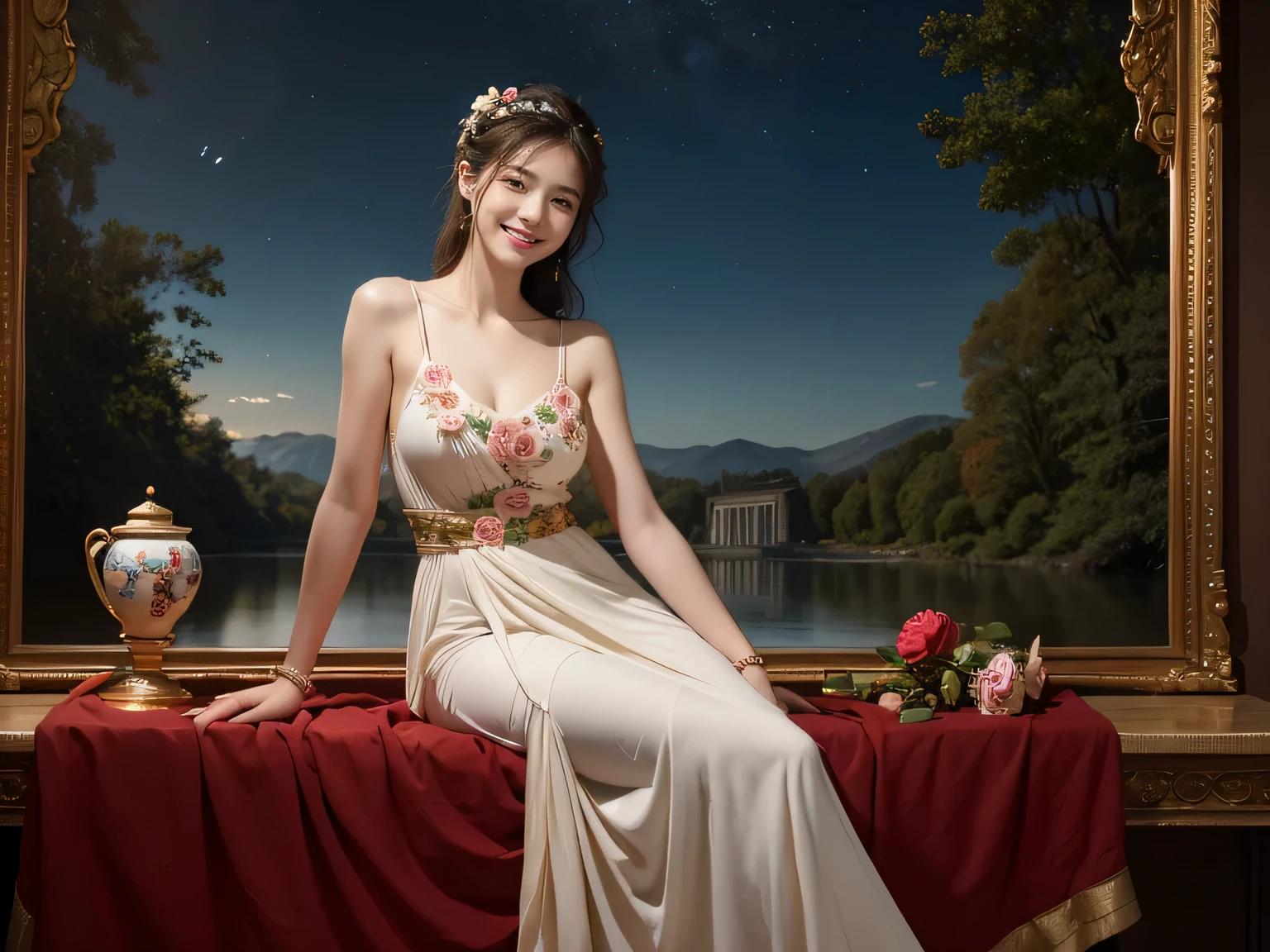 jack=Louis David's painting style、Discussion between two female philosopherath、astronomical machine、astronaut、roses in vase、fruit、Cute trinkets、smile、ancient greek costume、The background is a forest lake at night、Clothes that stretch your shoulders、AA big smile、beautiful bare skin、Detailed representation of a fascinating woman with her whole body。