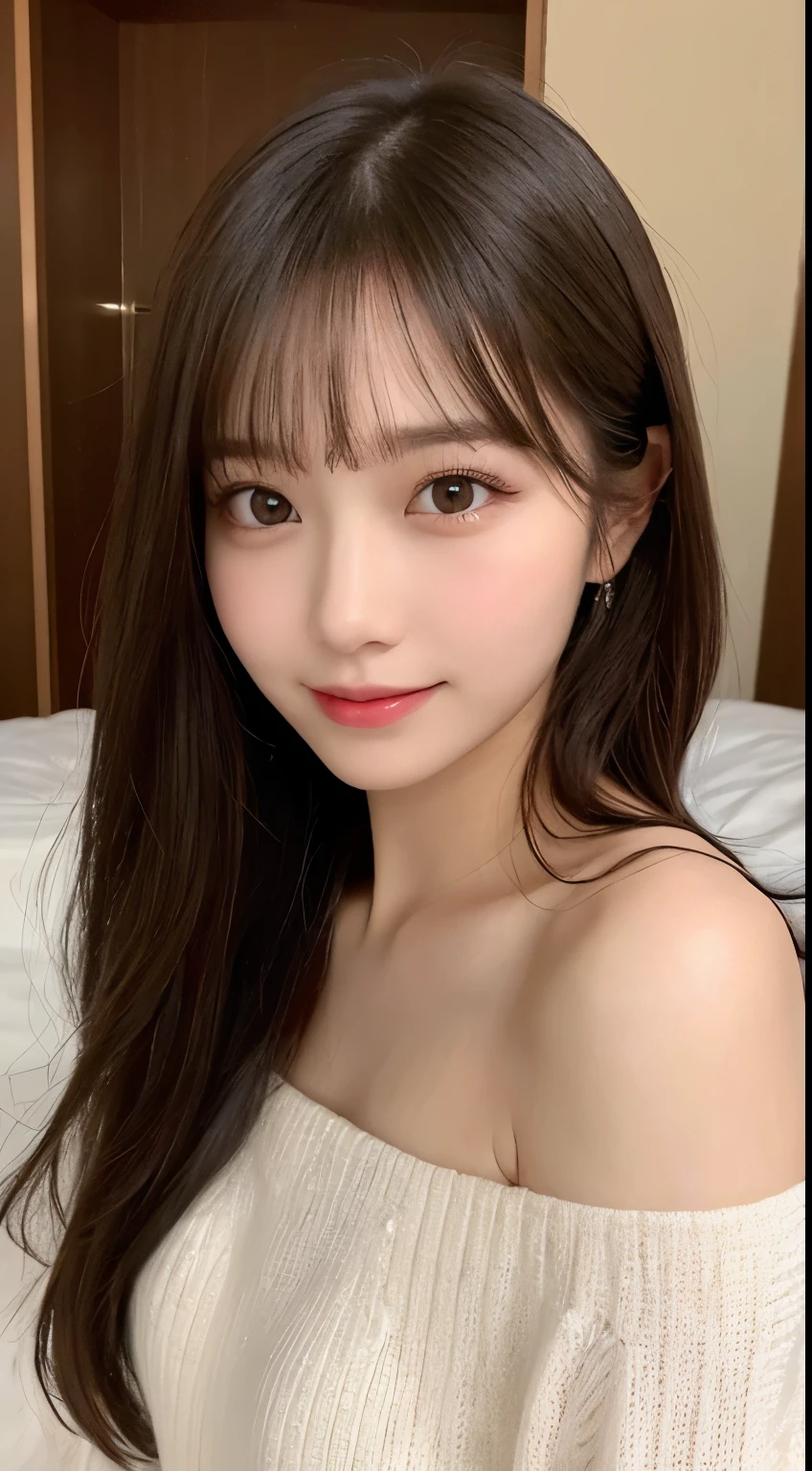 table top, highest quality, shape, Super detailed, finely, High resolution, 8k wallpaper, 完璧なダイナミックな構shape, beautiful and detailed eyes, off shoulder dress, small breasts, natural color lip,優しいsmile,20 year old girl、美しくdetailed face、perfect and beautiful face,Big eyes、美しくdetailed face、perfect and beautiful double eyelids、blur the background、Feminine poses、slim face and style、straight hair、Bedroom、lie in bed、 (get closer to the face, enlarge the face, face focus:1.0), break, (masterpiece, highest quality, Super detailed, detailed face, 8k)、real photos(best image quality)、shot from below、look up、K-POPアイドルフェイス、smile