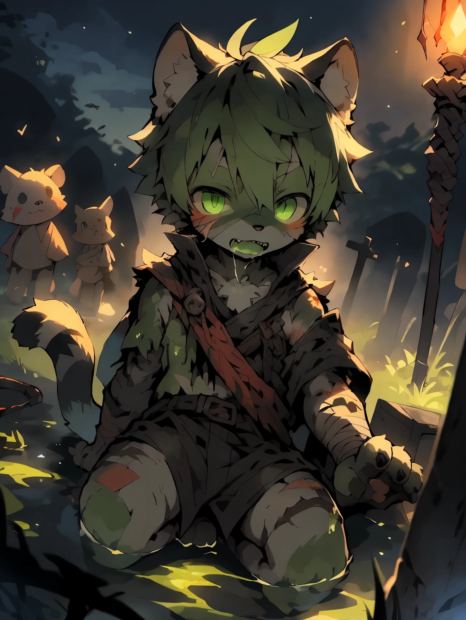 masterpiece, highest quality, soft lighting, intricate details, soft lines, 16k,night,shadow,dark environment, Own, doll,wolf boy,Shota,hero,Both,hero Bothe,undead,broken body,skeleton,Huge wounds,sharp fangs,Black and fluorescent green tones,paw pads,wounds,fluorescent green blood,blood stains,green tongue,green saliva,corpse,tattered clothes,Dirty bandages,Plush paw,paw pads,Fluorescent green pickaxe dyes,green slime,grave,funeral ground，by Pino Deheni, Kanikai, Milk Tiger 1145, Dagasi, ys，