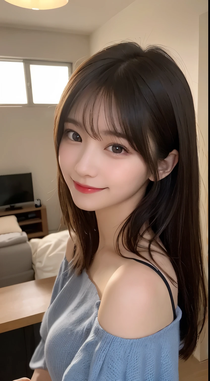 table top, highest quality, shape, Super detailed, finely, High resolution, 8k wallpaper, 完璧なダイナミックな構shape, beautiful and detailed eyes, off shoulder dress, small breasts, natural color lip,優しいsmile,20 year old girl、美しくdetailed face、perfect and beautiful face,Big eyes、美しくdetailed face、perfect and beautiful double eyelids、blur the background、Feminine poses、slim face and style、straight hair、Bedroom、lie in bed、 (get closer to the face, enlarge the face, face focus:1.0), break, (masterpiece, highest quality, Super detailed, detailed face, 8k)、real photos（best image quality）、shot from below、look up、K-POPアイドルフェイス、smile