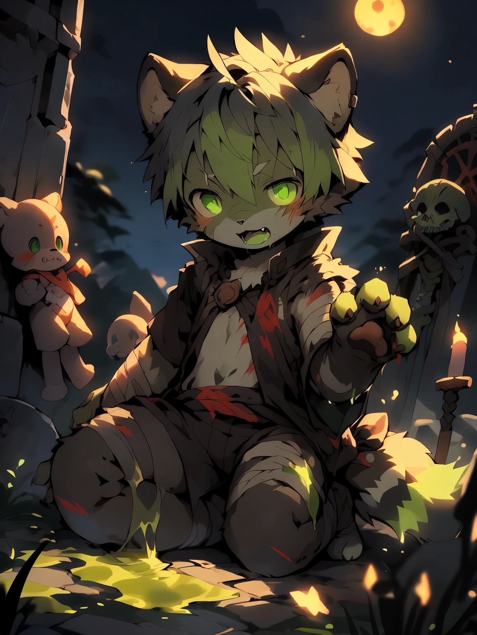 masterpiece, highest quality, soft lighting, intricate details, soft lines, 16k,night,shadow,dark environment, Own, doll,wolf boy,Shota,hero,Both,hero Bothe,undead,broken body,skeleton,Huge wounds,sharp fangs,Black and fluorescent green tones,paw pads,wounds,fluorescent green blood,blood stains,green tongue,green saliva,corpse,tattered clothes,Dirty bandages,Plush paw,paw pads,Fluorescent green pickaxe dyes,green slime,grave,funeral ground，by Pino Deheni, Kanikai, Milk Tiger 1145, Dagasi, ys，