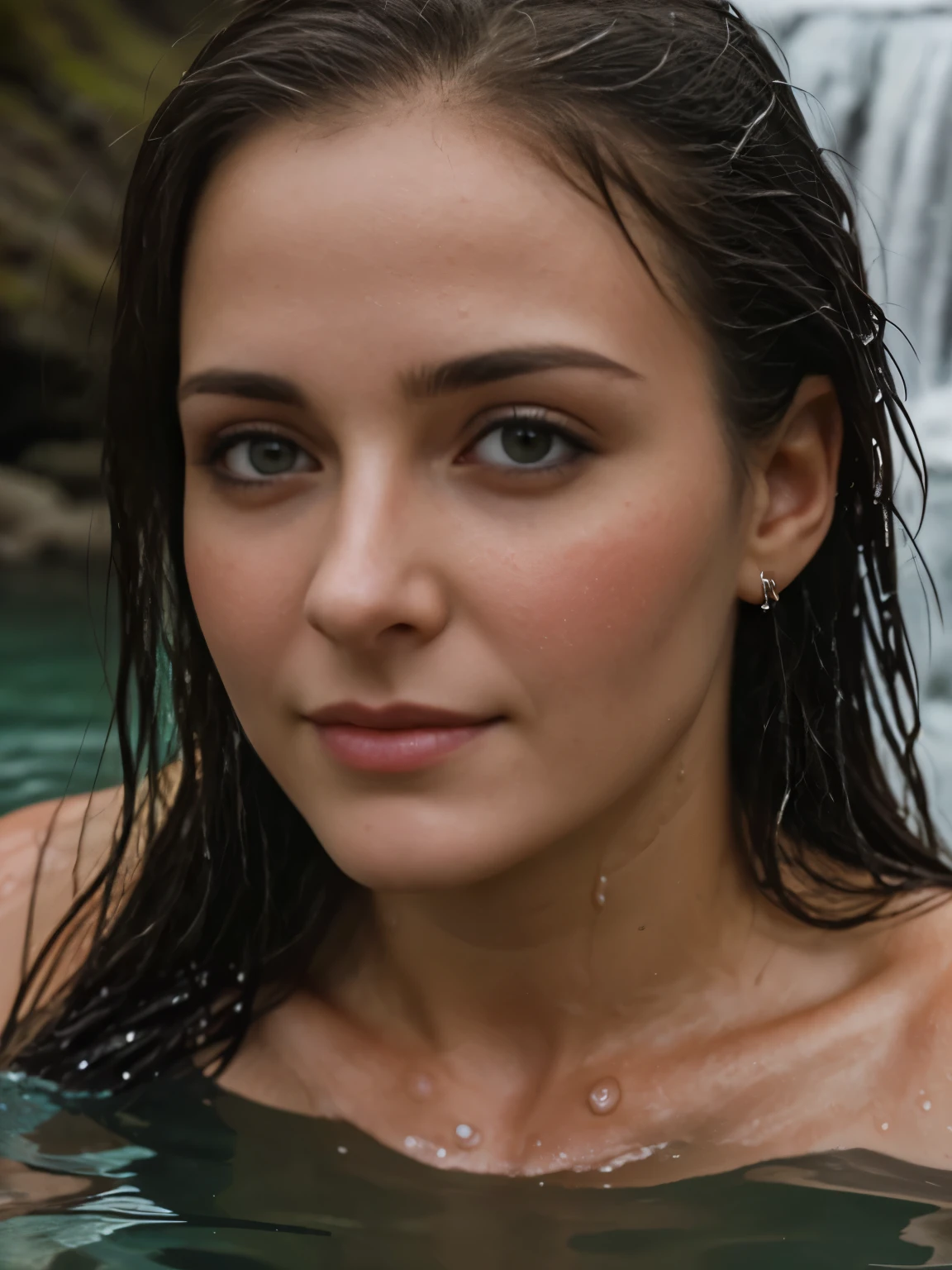 Analog photo, (Best quality:1.4), (ultra detailed:1.4), (detailed face, detailed eyes), (Photorealistic:1.4), (upper portrait, top-down view, woman aged twenty-five years), wet hair, in a waterfall, water, drops, splash