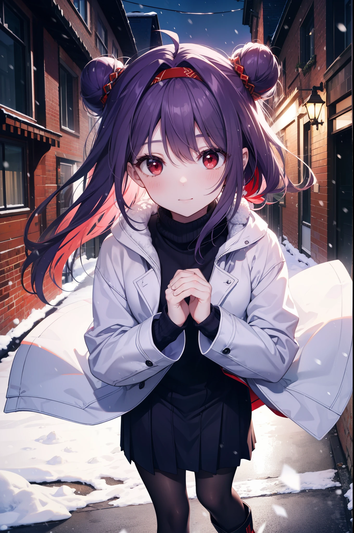 yuukikonno, Yuki Konno, purple hair band, long hair, pointed ears,Ahoge, purple hair, headlock,bun hair,(red eyes:1.5), (small breasts:1.2),mouth open,shy,blush,smile,red muffler,white long coat,black sweater,Red long skirt,short boots,winter,cold sky,It&#39;s snowing,snow is falling,looking down from above,
break looking at viewer, Upper body, whole body,
break outdoors, In town,building street,
break (masterpiece:1.2), highest quality, High resolution, unity 8k wallpaper, (figure:0.8), (detailed and beautiful eyes:1.6), highly detailed face, perfect lighting, Very detailed CG, (perfect hands, perfect anatomy),