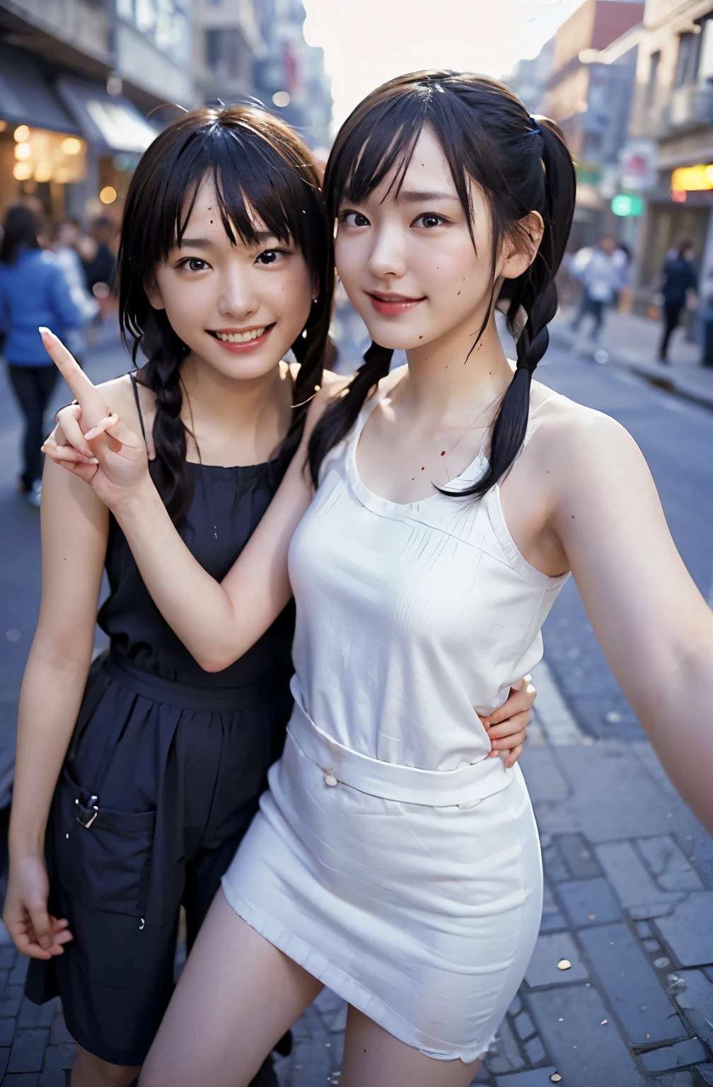 shukezouma, Rendering with Octane, nffsw, (super detailed:1.15), (soft light, sharp:1.2), (((duo,Two women in costume take a selfie on the street,smile、colorful pigtails, anime cosplay,))),beautiful Girl, hyper detail eyes, mature, paint drop, tears滴をペイントする, woman made with paint, paint completely, splat, splash, long colored hair,paint light bulb,paint drop, exposed shoulders, tears,I can see your shoulders, thighs are exposed, half naked, focus on the face, beautiful face, eye shadow, bear outline, Russian face, russian girl, mascara, beautiful, 18-year-old