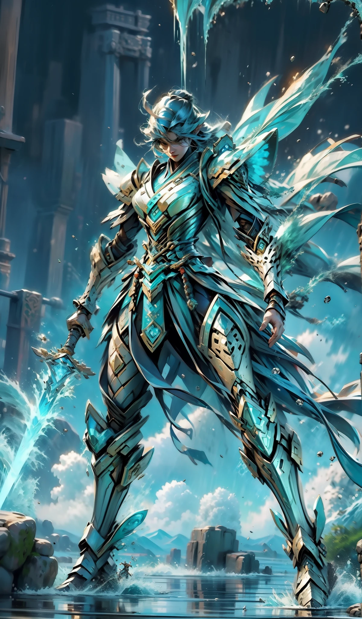Future technology style,蓝白Mecha,All surrounded by particle dragons,with a spear,in fighting stance,(《romance of three kingdoms》,《Zhao Yun》,full body armor,fighting stance), 《Genshin》Keqing in, (masterpiece) , best quality, high quality,golden armor,light, (Exquisite future), Beautiful and beautiful, Super detailed, great composition, floating, depth of field, (Very detailed CG,Unity 8k桌布), (Beautiful details background), dramatic lighting, gogeta, Mecha,best quality,ultra high resolution,Vivid waiting to begin