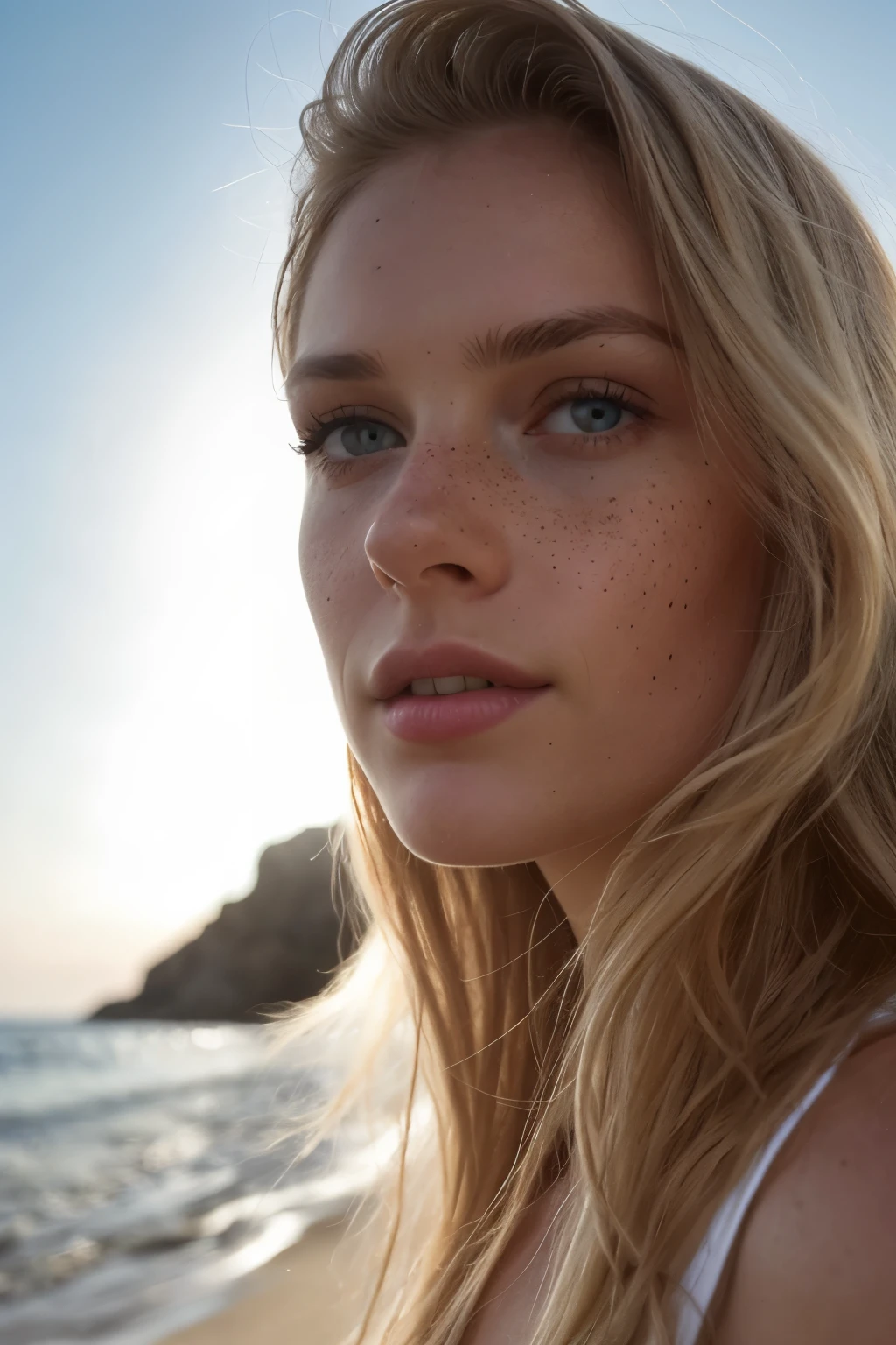 a close up high detailed face portrait photo, face center photo. Professional picture of a (((beautiful) blond) woman's face with many freckles), woman with freckles, freckled pale skin, cute freckles, elegant freckles, (freckled face), beautiful face features, freckles on her nose and face cheek bones, freckled, finely detailed perfect face, beautiful blond woman, blond beach hair. Picture in 4k quality, model photo shoot, soft lighting,