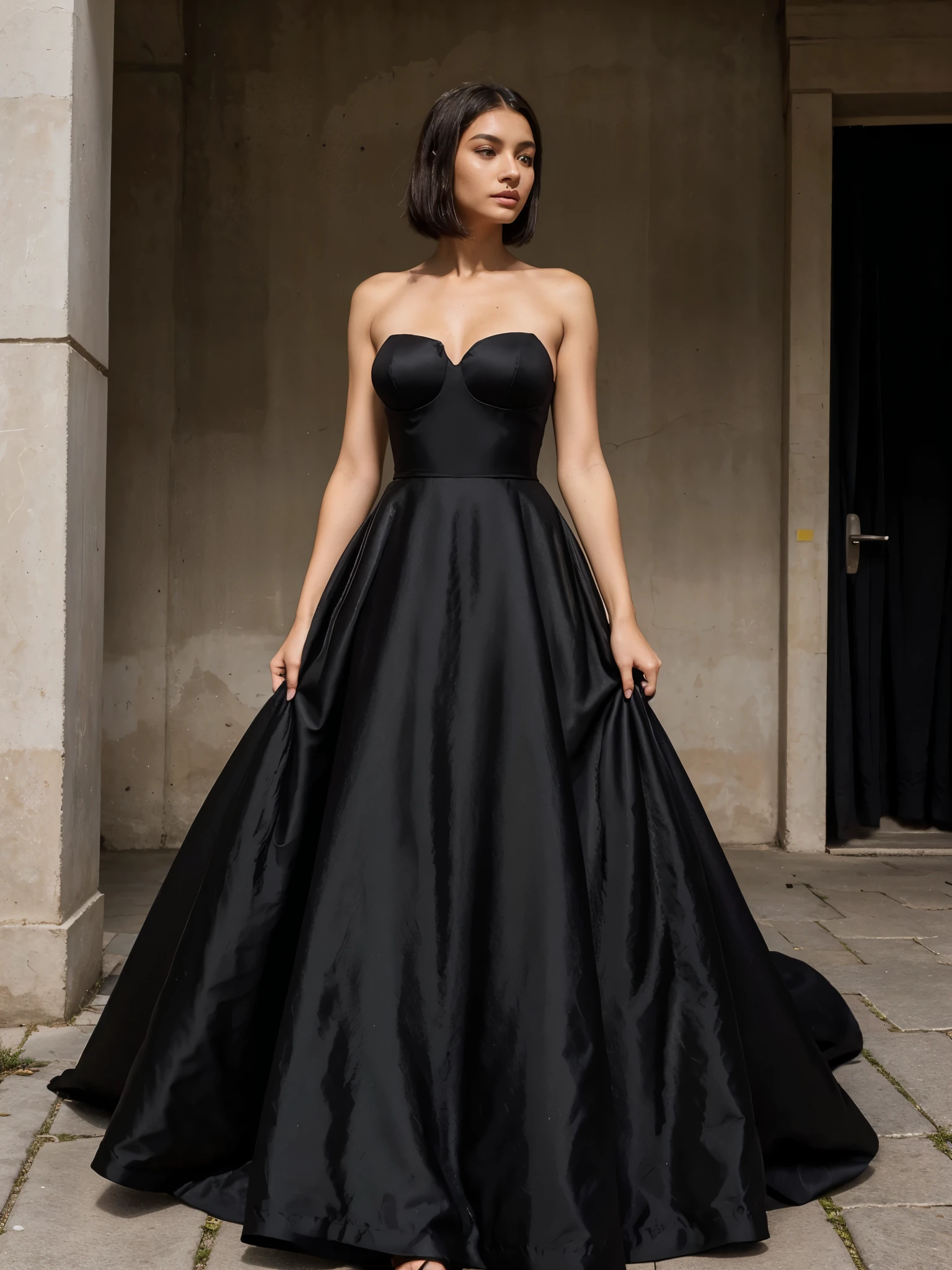 a woman in a black dress walking down a sidewalk, black gown, shiny black dress, luxury dress, wearing a sparkling dress, revealing stylish dress, strapless dress, wearing an evening gown, emaciated black evening gown, sexy gown, elegant dress, full length view, astral dress, long luxurious gown, long gown, extravagant dress, gown. 18-year-old Brazilian young woman, She is 5 feet 7 inches tall, She has a slender face, se has freckles, she has bob haircut.", she has tanned skin, she has a 90E bra size, She has a slim waist, she has big buttocks