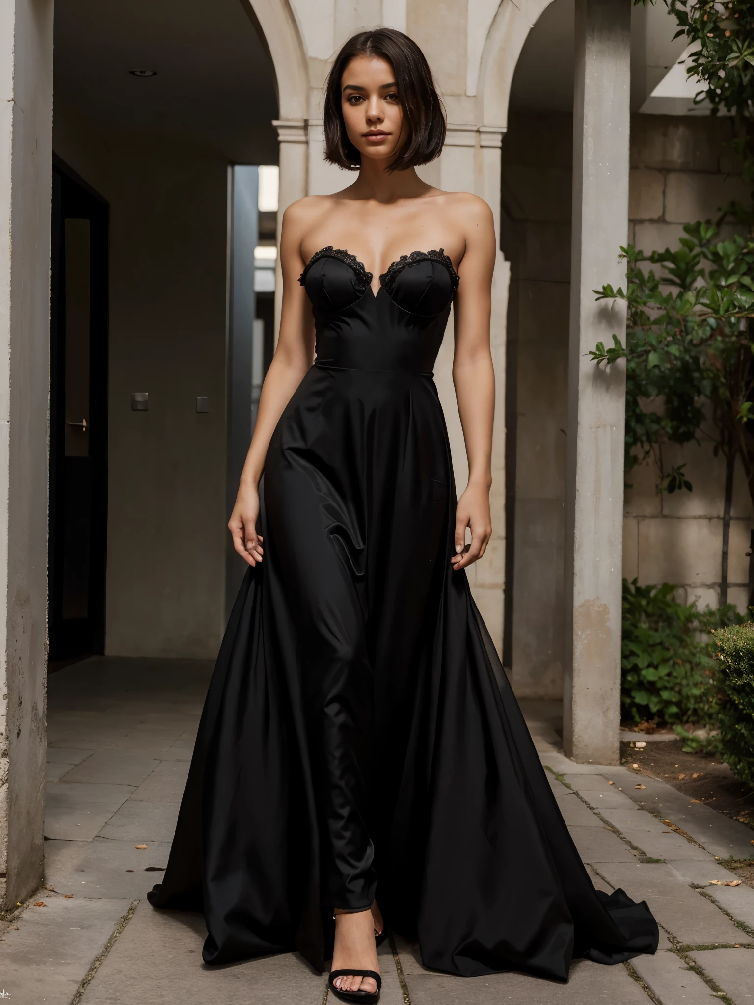 a woman in a black dress walking down a sidewalk, black gown, shiny black dress, luxury dress, wearing a sparkling dress, revealing stylish dress, strapless dress, wearing an evening gown, emaciated black evening gown, sexy gown, elegant dress, full length view, astral dress, long luxurious gown, long gown, extravagant dress, gown. 18-year-old Brazilian young woman, She is 5 feet 7 inches tall, She has a slender face, se has freckles, she has bob haircut.", she has tanned skin, she has a 90E bra size, She has a slim waist, she has big buttocks