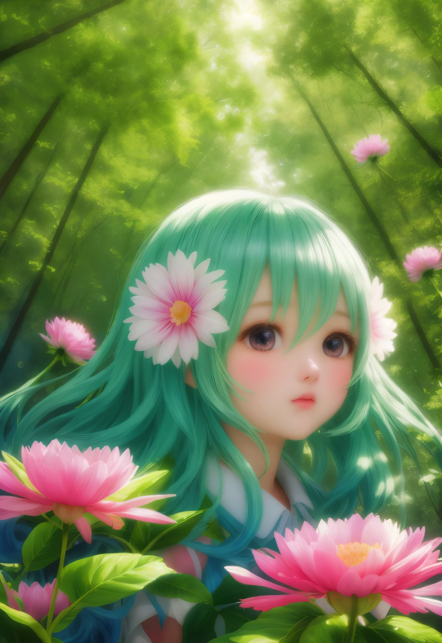 girl in a forest with floating flowers, river, puffy, puffy cheeks, cute,
vibrant colors, colorful art style,
soft lighting, soft shadows, detailed textures, dynamic lighting,
nice hands, perfect hands,
