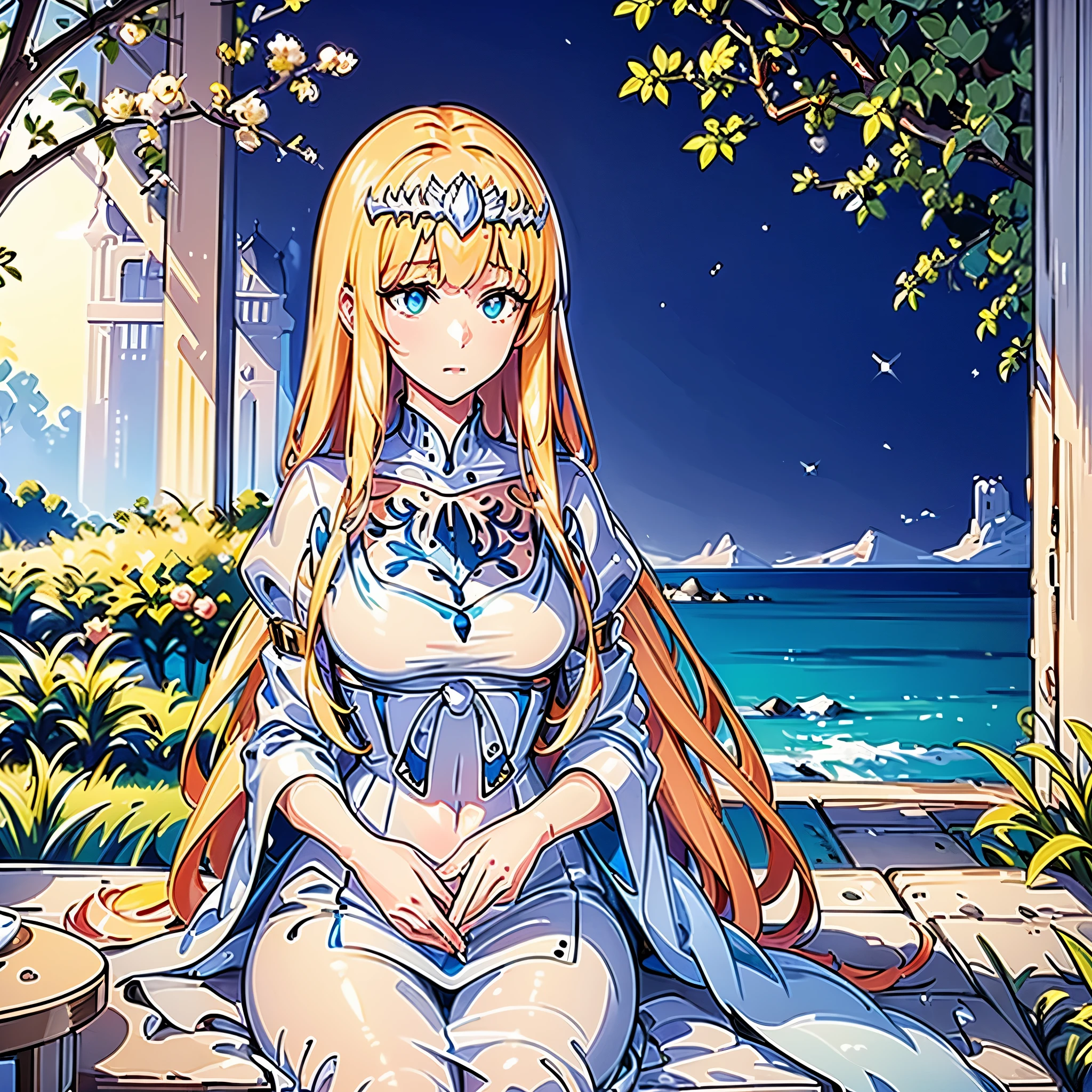 (best quality,4k,8k,highres,masterpiece:1.2),ultra-detailed,(realistic,photorealistic,photo-realistic:1.37),traditional style,earth tone,dreamy lighting,scenic background,,kind eyes,calm expression,traditional clothing,carefully crafted details,serene atmosphere,subtle brush strokes,harmonious color palette,lush greenery,peaceful garden setting,close-up of the face,,tranquil vibe,serene ambiance,delicate patterns,ethereal aura,nature-inspired elements,soft lighting,meticulously painted,serene facial features,artistic charisma,tranquil scenery,serenity of the moment,authentic cultural representation,gentle sunlight filtering through the trees,thoughtful expression,quiet contemplation,serene and calm demeanor,,serene facial features,pensive mood,artistic interpretation,nature's harmony,subtle textures,traditional garment,charming simplicity,tranquil surroundings,spiritual aura, 1girl, star guardian, (cool color theme), 1girl, Calca, blonde hair, extremely long hair, white tiara, tiara on her head, white dress, blue eyes, medium breasts