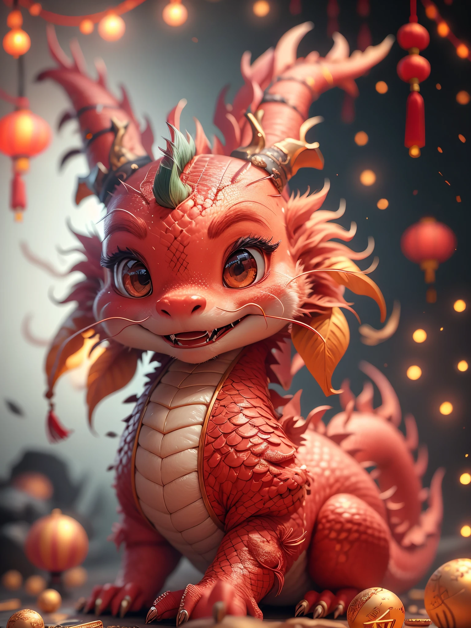 Q version，Chinese dragon smile，，Cute and cute，modeling with clay，Festive red hue，Placed in a 3D scene in a minimalist environment。Bright light，Cooperate with c4d technology，Strong sense of technology，Make styling details exquisite，Resolution up to 8K，Exhibit ultra-high quality。This highly detailed piece emphasizes visual appreciation，Excellent camera angle expression