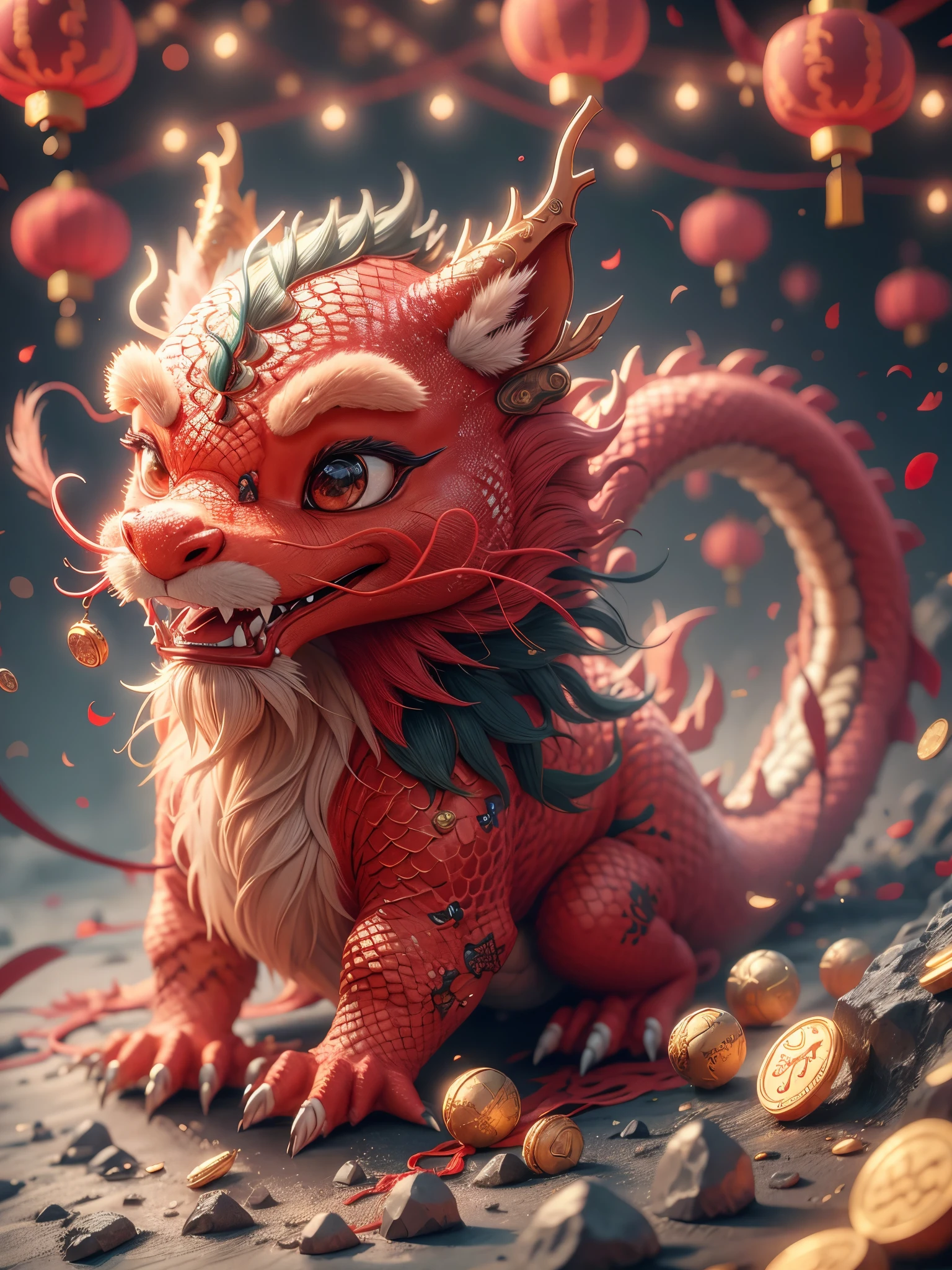 Q version，Chinese dragon smile，，Cute and cute，modeling with clay，Festive red hue，Placed in a 3D scene in a minimalist environment。Bright light，Cooperate with c4d technology，Strong sense of technology，Make styling details exquisite，Resolution up to 8K，Exhibit ultra-high quality。This highly detailed piece emphasizes visual appreciation，Excellent camera angle expression