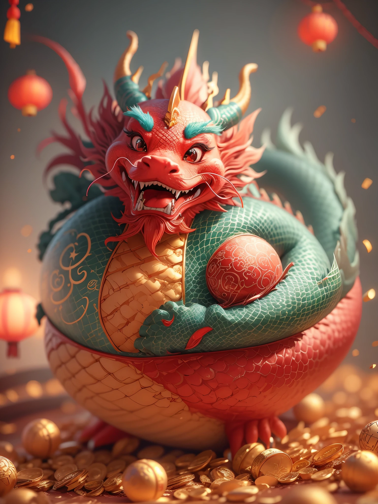 Q version，Chinese dragon smile，，Cute and cute，modeling with clay，Festive red hue，Placed in a 3D scene in a minimalist environment。Bright light，Cooperate with c4d technology，Strong sense of technology，Make styling details exquisite，Resolution up to 8K，Exhibit ultra-high quality。This highly detailed piece emphasizes visual appreciation，Excellent camera angle expression