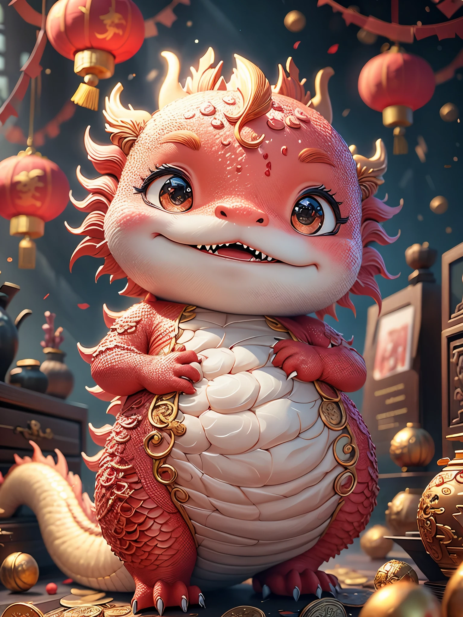 Q version，chunky，petite，miniature，baby chinese dragon，3d model，minimalist art，Resolution up to 8K，Exhibit ultra-high quality