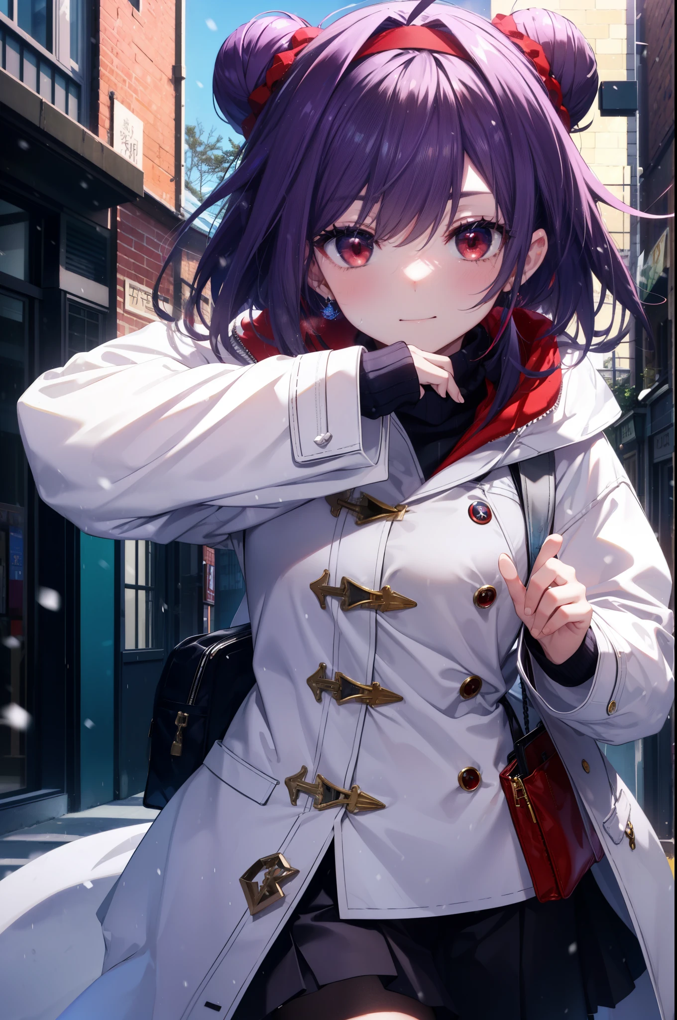 yuukikonno, Yuki Konno, purple hair band, long hair, pointed ears,Ahoge, purple hair, headlock,bun hair,short braided hair,(red eyes:1.5), (small breasts:1.2),mouth open,shy,blush,smile,red muffler,white long coat,black sweater,Red long skirt,short boots,winter,cold sky,It's snowing,snow is falling,looking down from above,
break looking at viewer, Upper body, whole body,
break outdoors, In town,building street,
break (masterpiece:1.2), highest quality, High resolution, unity 8k wallpaper, (figure:0.8), (detailed and beautiful eyes:1.6), highly detailed face, perfect lighting, Very detailed CG, (perfect hands, perfect anatomy),