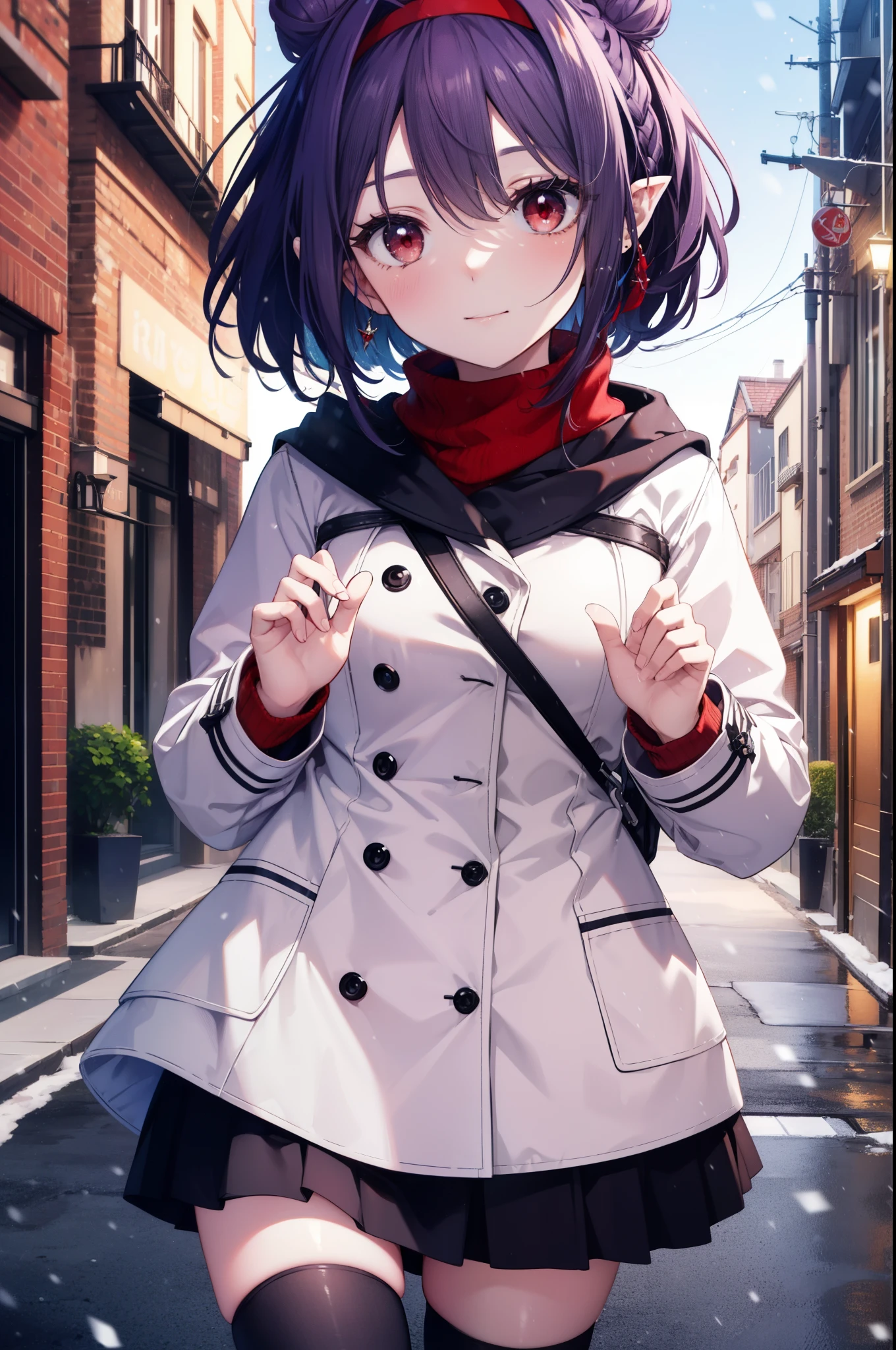 yuukikonno, Yuki Konno, purple hair band, long hair, pointed ears,Ahoge, purple hair, headlock,bun hair,short braided hair,(red eyes:1.5), (small breasts:1.2),mouth open,shy,blush,smile,red muffler,white long coat,black sweater,Red long skirt,short boots,winter,cold sky,It's snowing,snow is falling,looking down from above,
break looking at viewer, Upper body, whole body,
break outdoors, In town,building street,
break (masterpiece:1.2), highest quality, High resolution, unity 8k wallpaper, (figure:0.8), (detailed and beautiful eyes:1.6), highly detailed face, perfect lighting, Very detailed CG, (perfect hands, perfect anatomy),