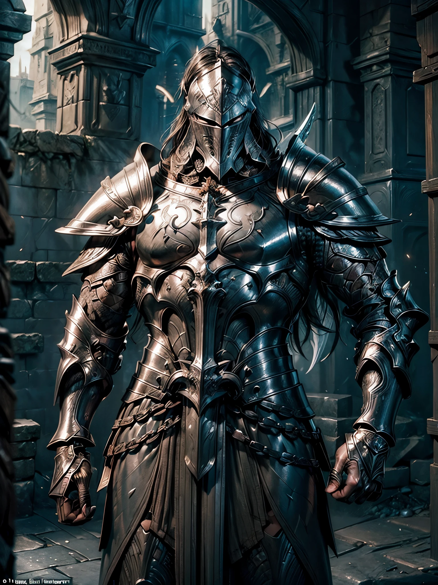 (((An epic and visually stunning digital anime upper body portrait featuring a sylphlike masuline male knight soldier clad in a full steel plated knight armor:1.2))), ((( huge muscular body:1.5, closed angel metal helmet:1.5))), (((the character is adorned in a (in gothic plate armor with black thorn coat covering spine) (over a form fitted armor plated yet super sleek and revealing under suit with waist cut outs), the armor plating on the upper arms and shoulders beautifully engraved))):1.4. The image showcases the intricacies of the character’s armor and clothing, ((capturing their flamboyant essence and heavy dark fantasy aesthetic:1.2)). The character also possesses an masculine charm, (((with heavily muscled physique:1.2, sylphlike with a sleek waist, toned yet beautifully sleek metal plated bracers arms:1.3, dungeons and dragons character:1.3))), looking at viewer