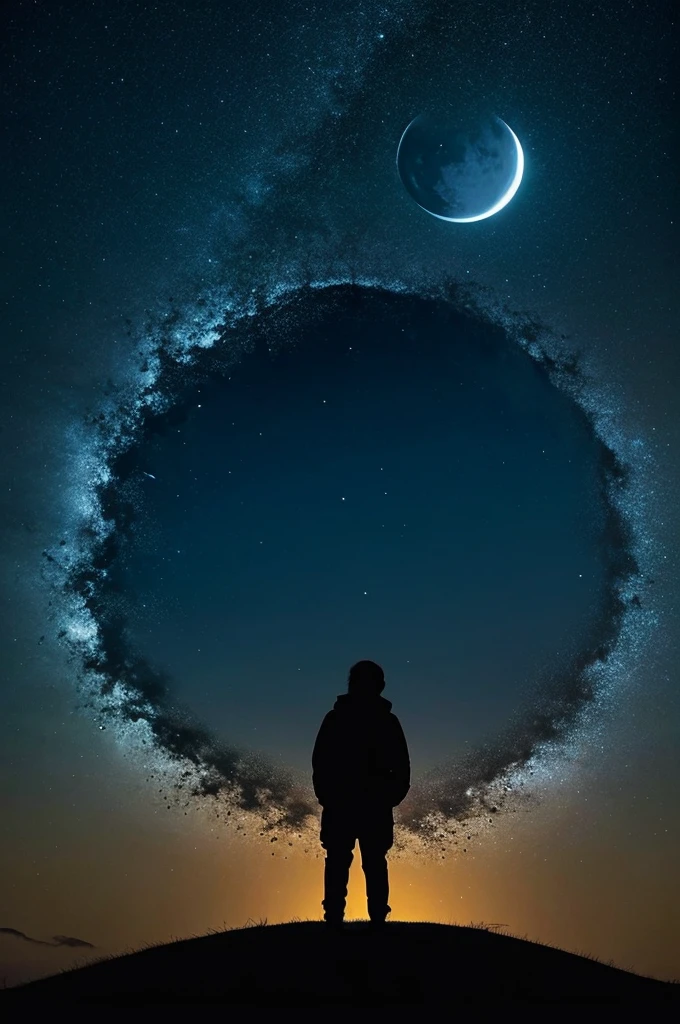 highest quality,big moon and shadow,A silhouette of a person can be seen against the background of the big moon.,There is one full moon,There is a mood,beautiful scenery,starry sky