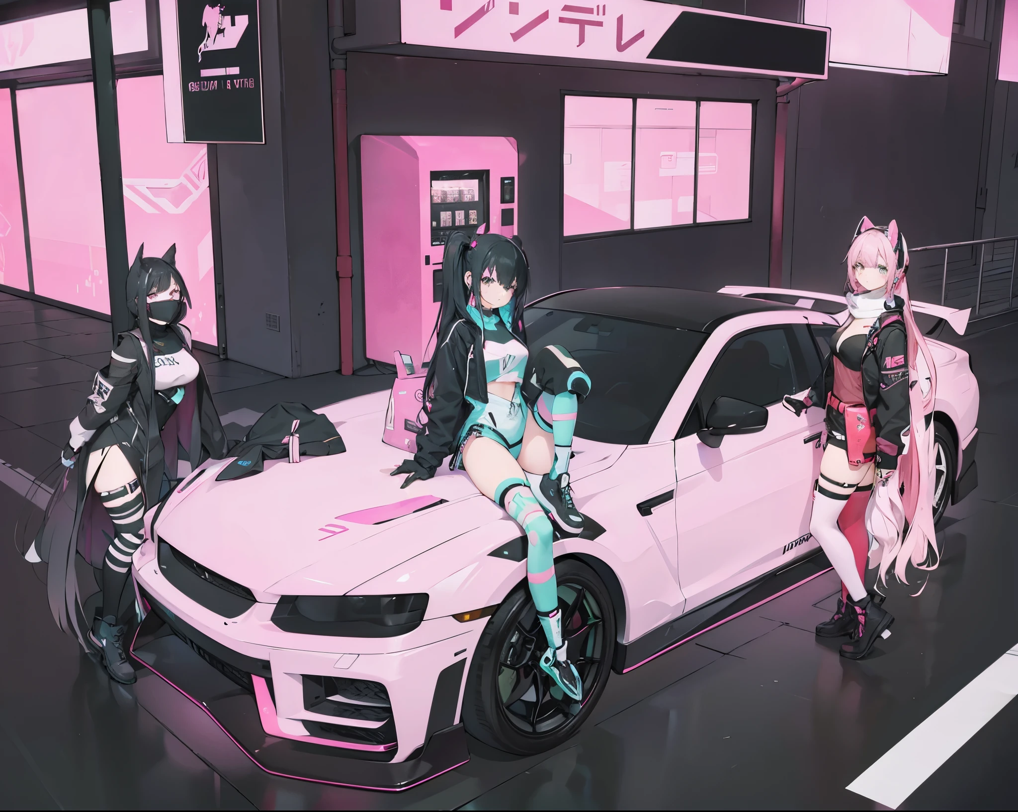 3 girls, cyberpunk outfit, pink car, cyberpunk aesthetic, pink vending machine, cyberpunk street, pink signs, night